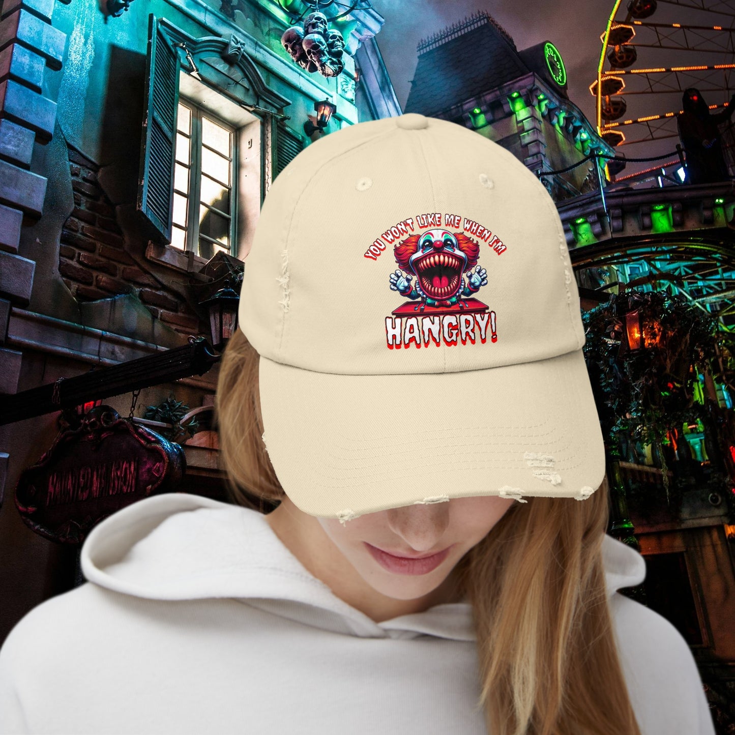 You Wont Like Me When I'm Hangry Killer Clown Unisex Distressed Cap Horror Hat