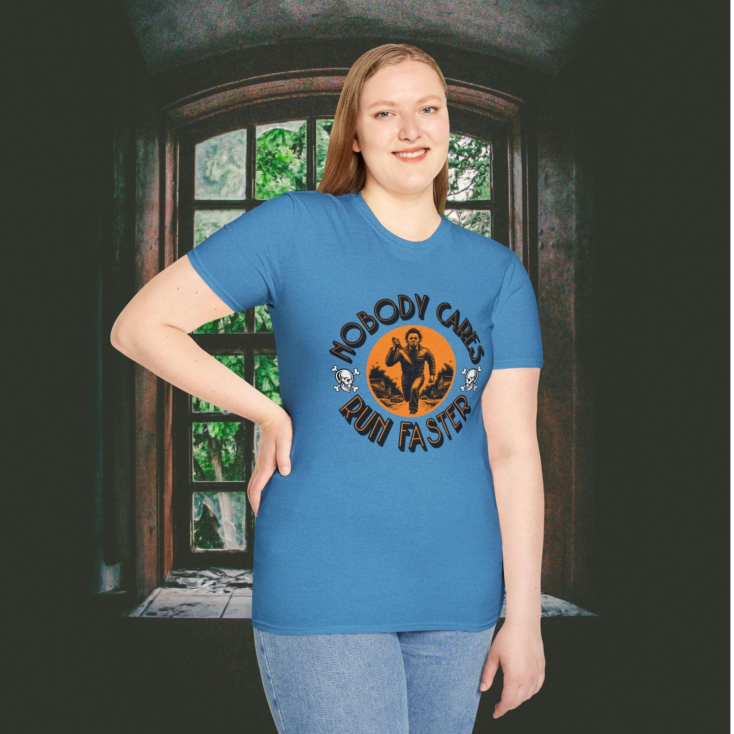 Nobody Cares Run Faster - Michael Running Myers on Halloween Horror Fun with Skulls Shirt - Unisex Softstyle T-Shirt