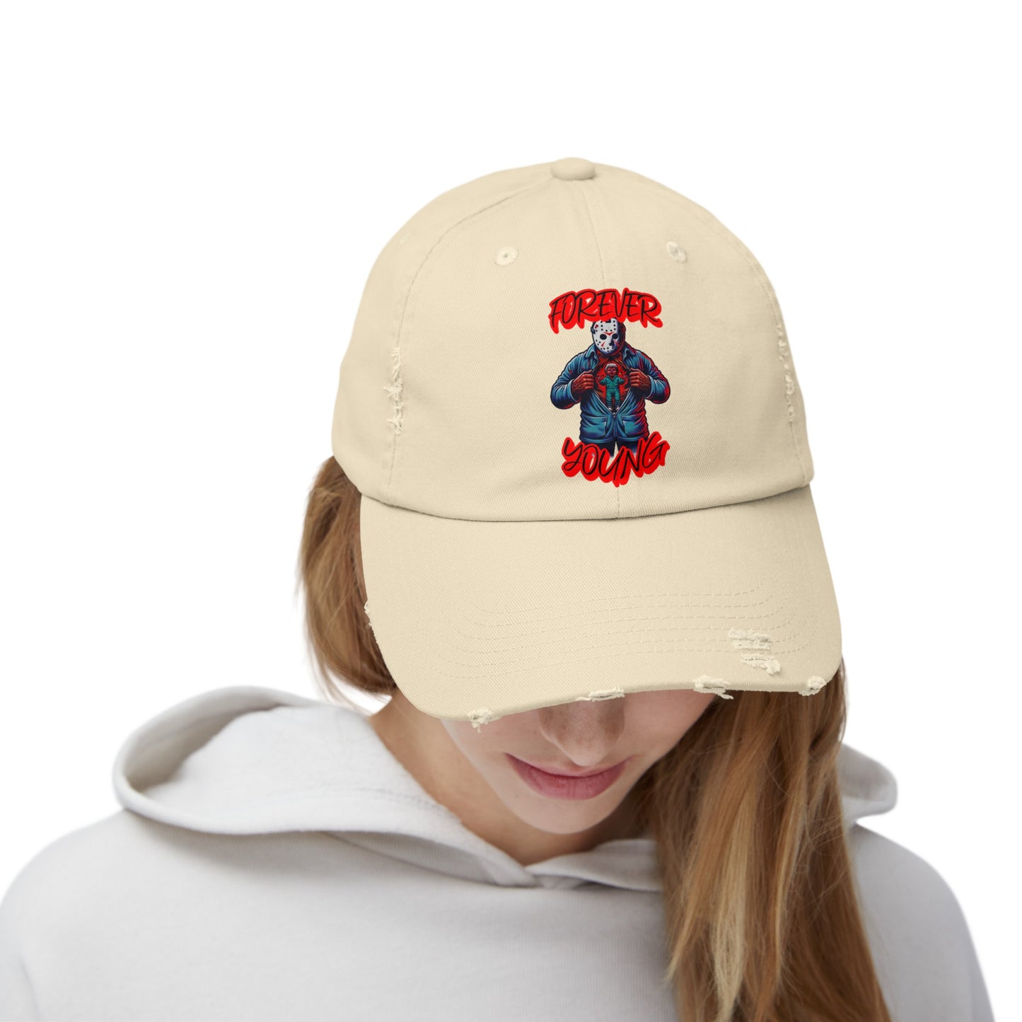 Forever Young Jason With The Mask On Voorhees Friday Horror Fun Unisex Distressed Cap Baseball Hat