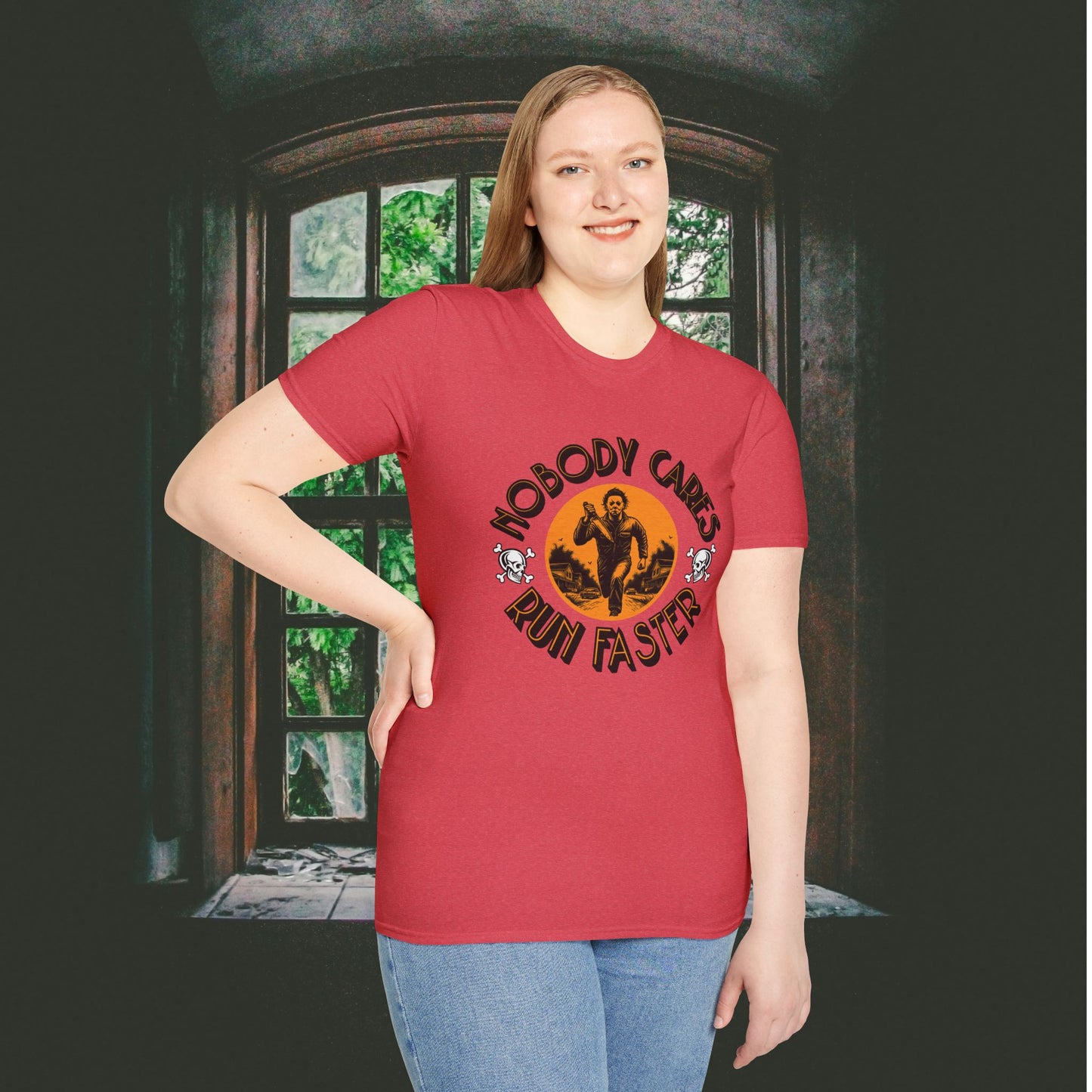 Nobody Cares Run Faster - Michael Running Myers on Halloween Horror Fun with Skulls Shirt - Unisex Softstyle T-Shirt