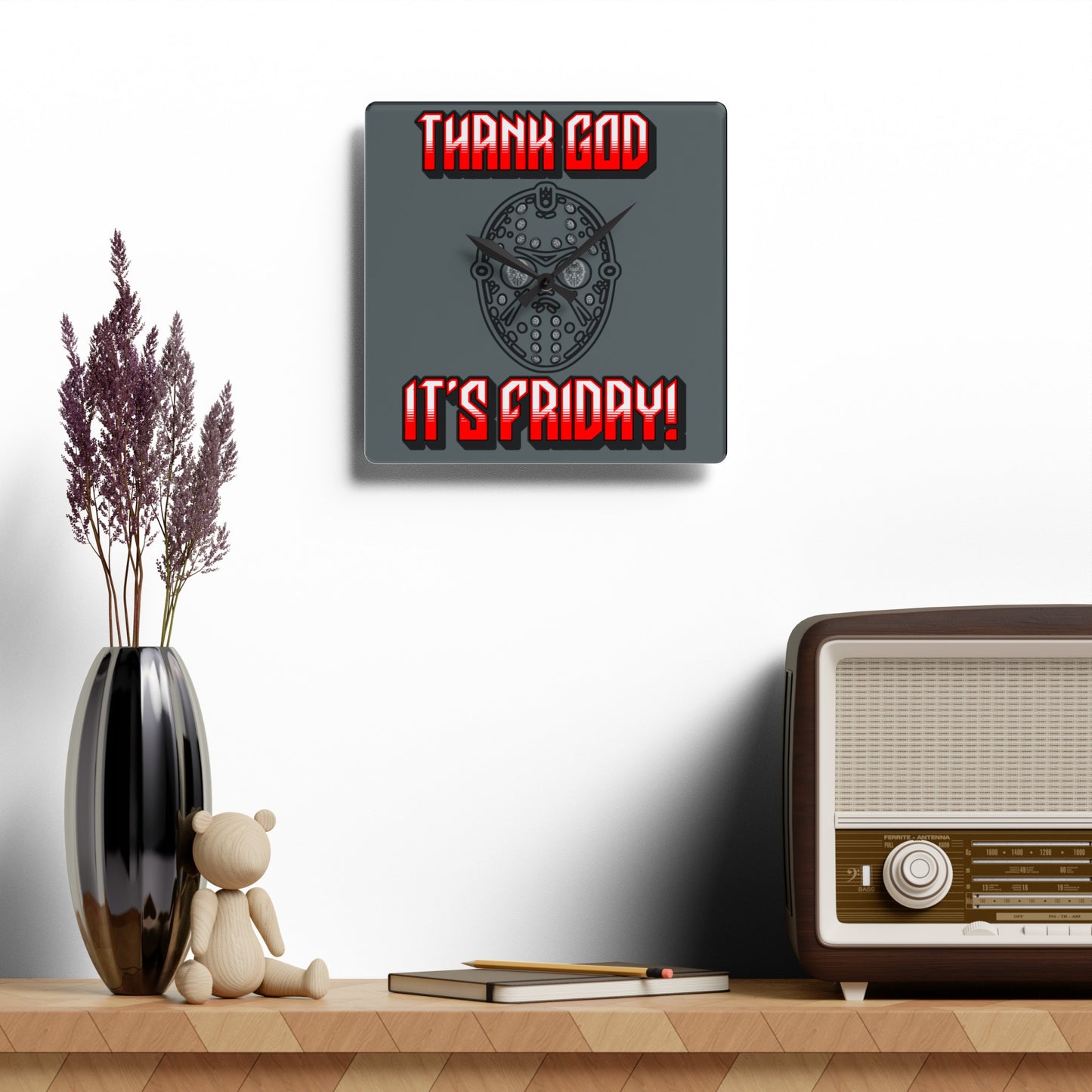 TGIF! Thank God It's Friday Hockey Mask Art Jason Acrylic Square Wall Clock Horror Fun