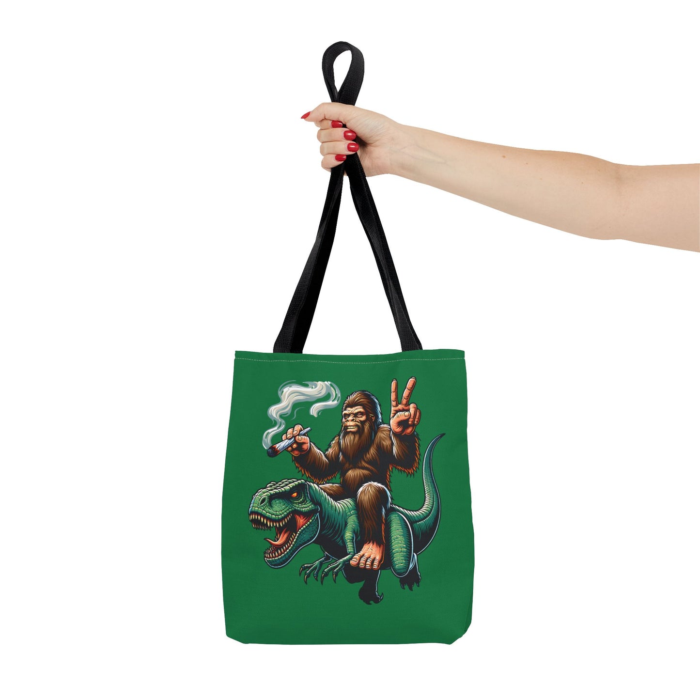 Tote Bag - Bigfoot Riding a T Rex Peace Sign 420 Design