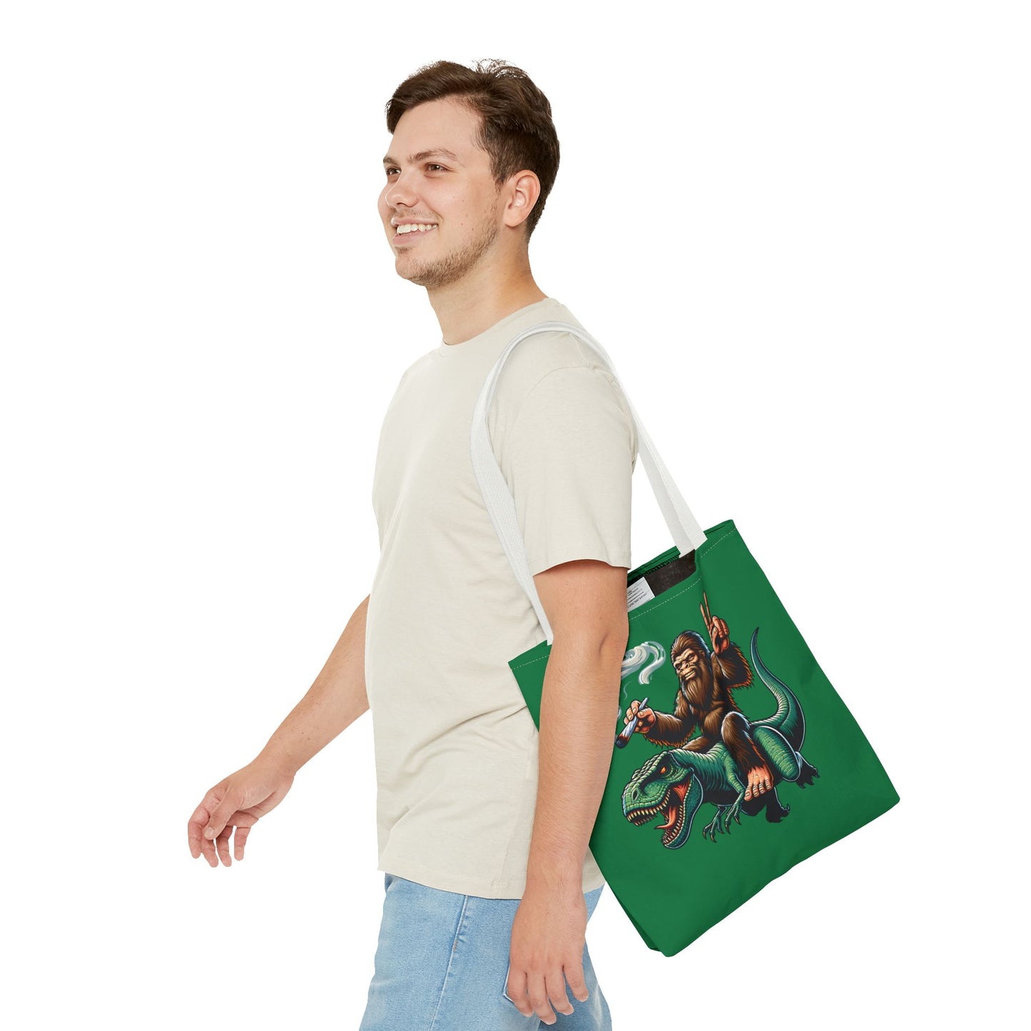 Tote Bag - Bigfoot Riding a T Rex Peace Sign 420 Design