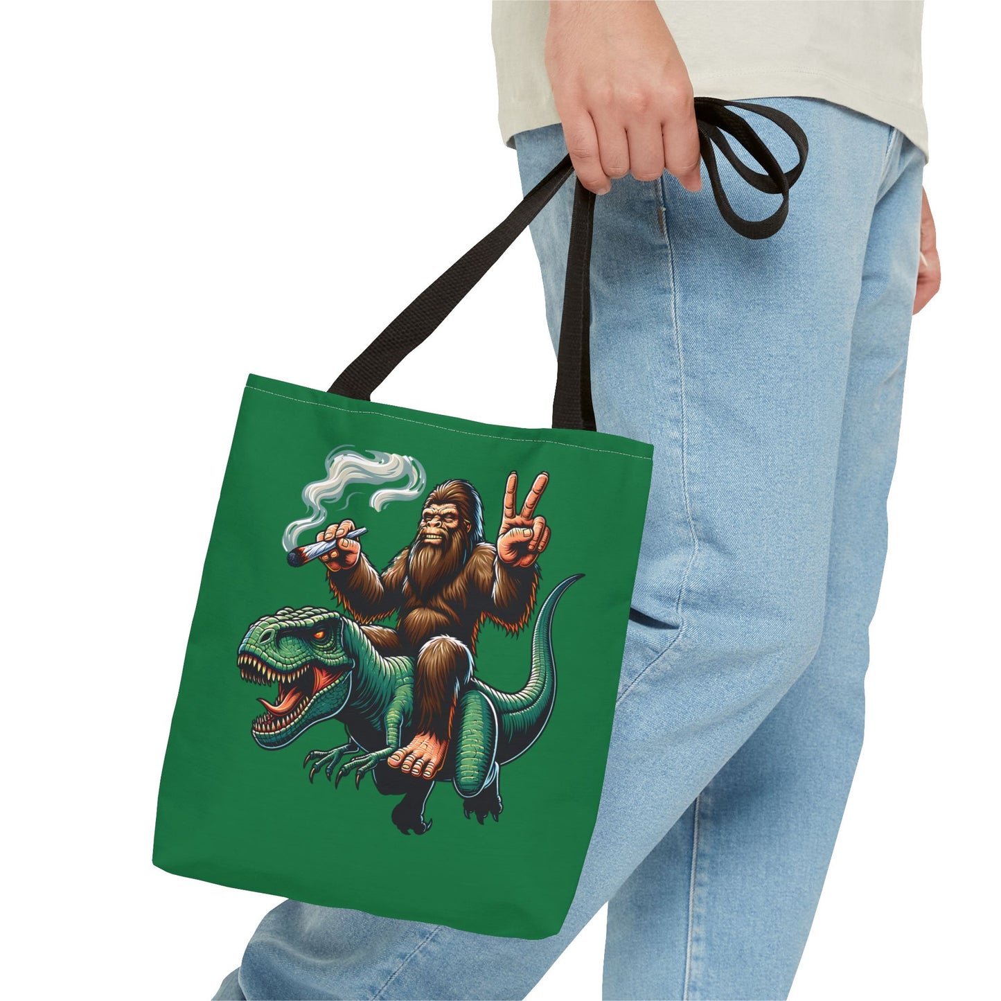 Tote Bag - Bigfoot Riding a T Rex Peace Sign 420 Design