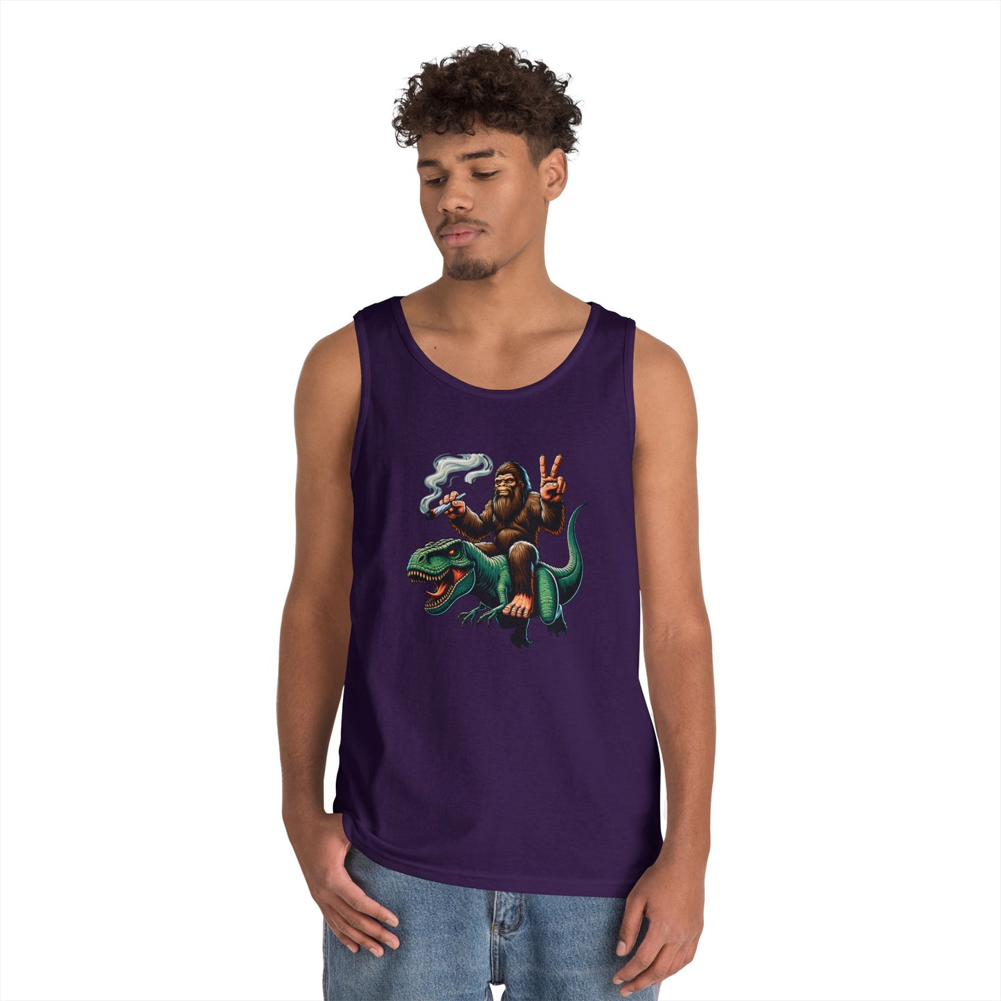 Bigfoot Riding T Rex Tank Top - 420 Peace Sign Design