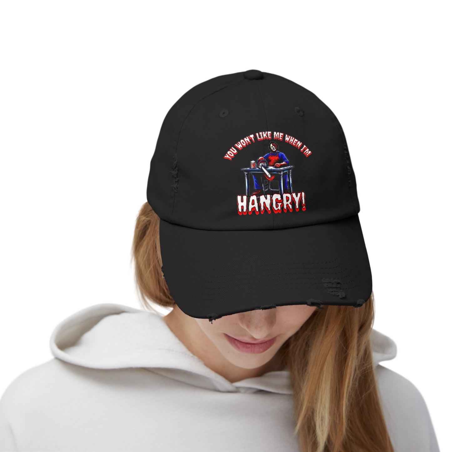 You Won't Like Me When I'm Hangry Leather Chainsaw Guy Cannibal Horror Fun Hat Unisex Distressed Cap