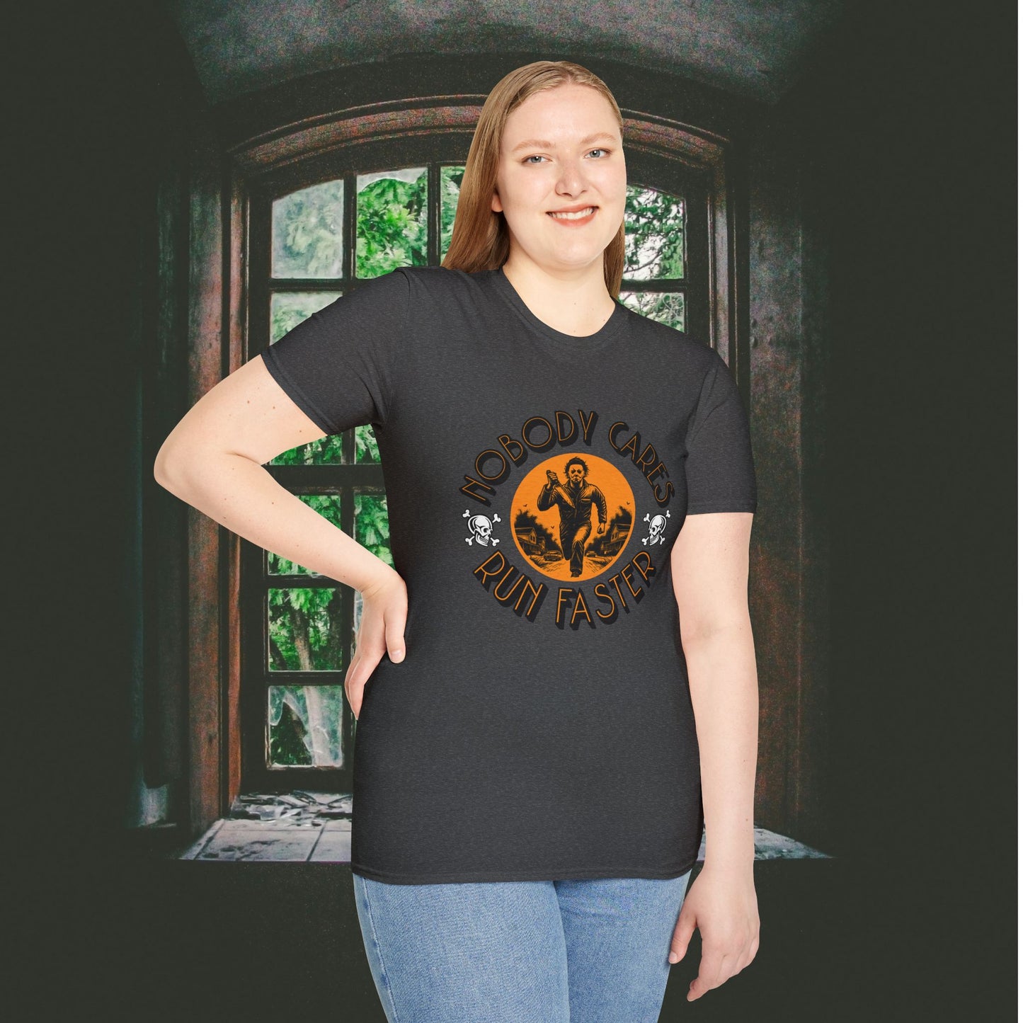 Nobody Cares Run Faster - Michael Running Myers on Halloween Horror Fun with Skulls Shirt - Unisex Softstyle T-Shirt