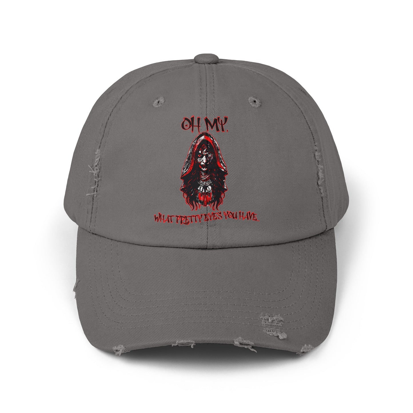 Creepy Little Red Riding Hood Inspired Scary Witch Oh My, What Pretty Eyes You Have Horror Hat Unisex Distressed Cap