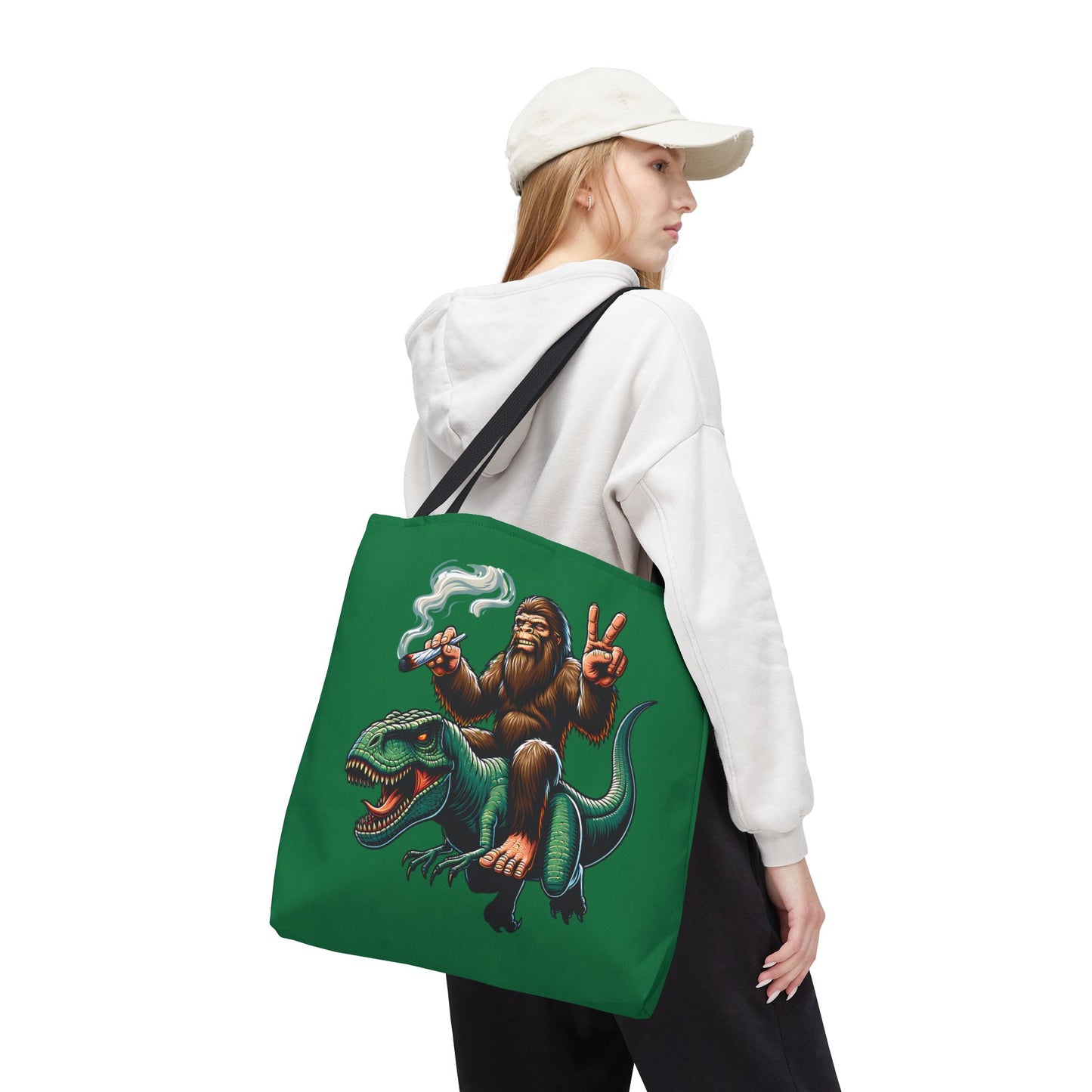 Tote Bag - Bigfoot Riding a T Rex Peace Sign 420 Design