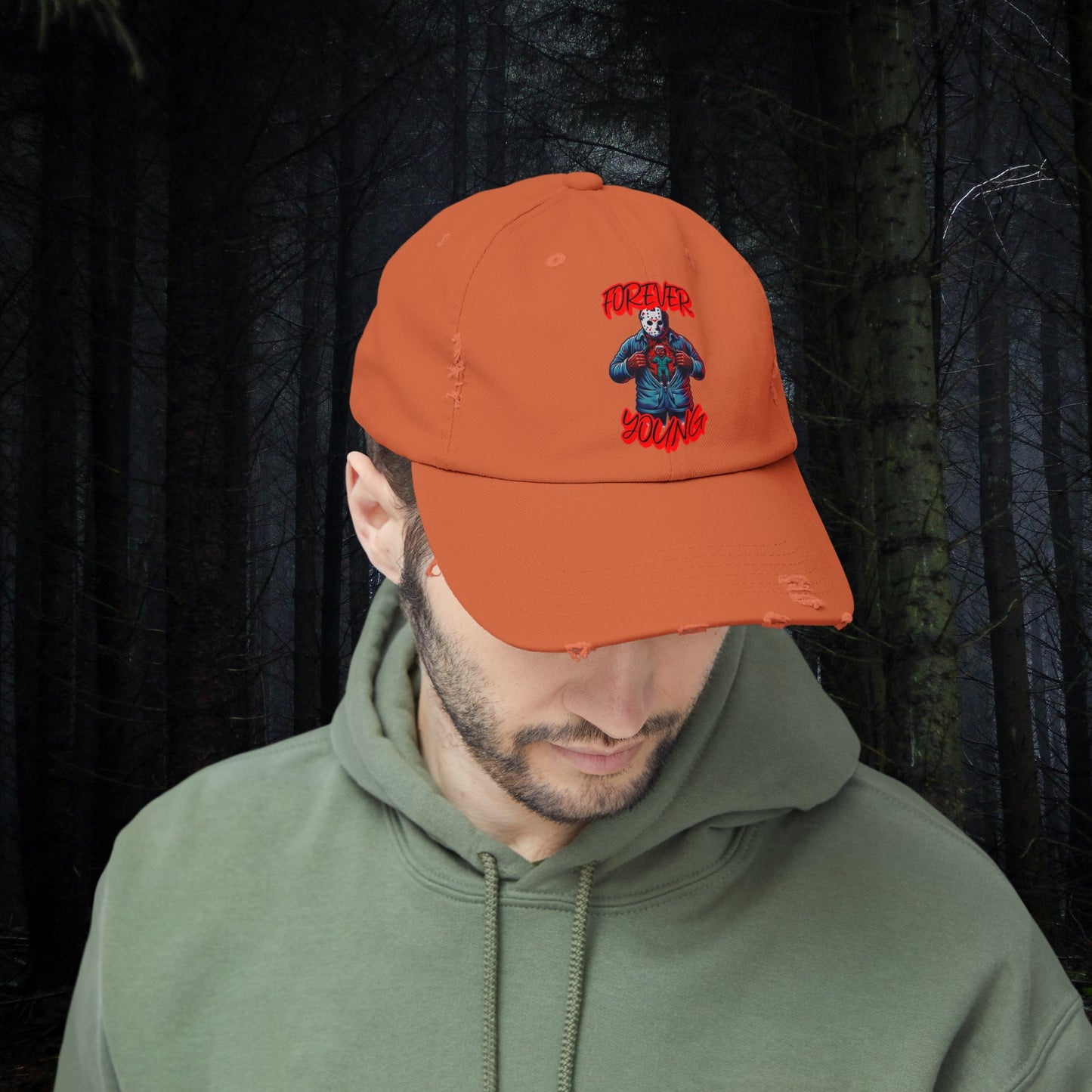 Forever Young Jason With The Mask On Voorhees Friday Horror Fun Unisex Distressed Cap Baseball Hat