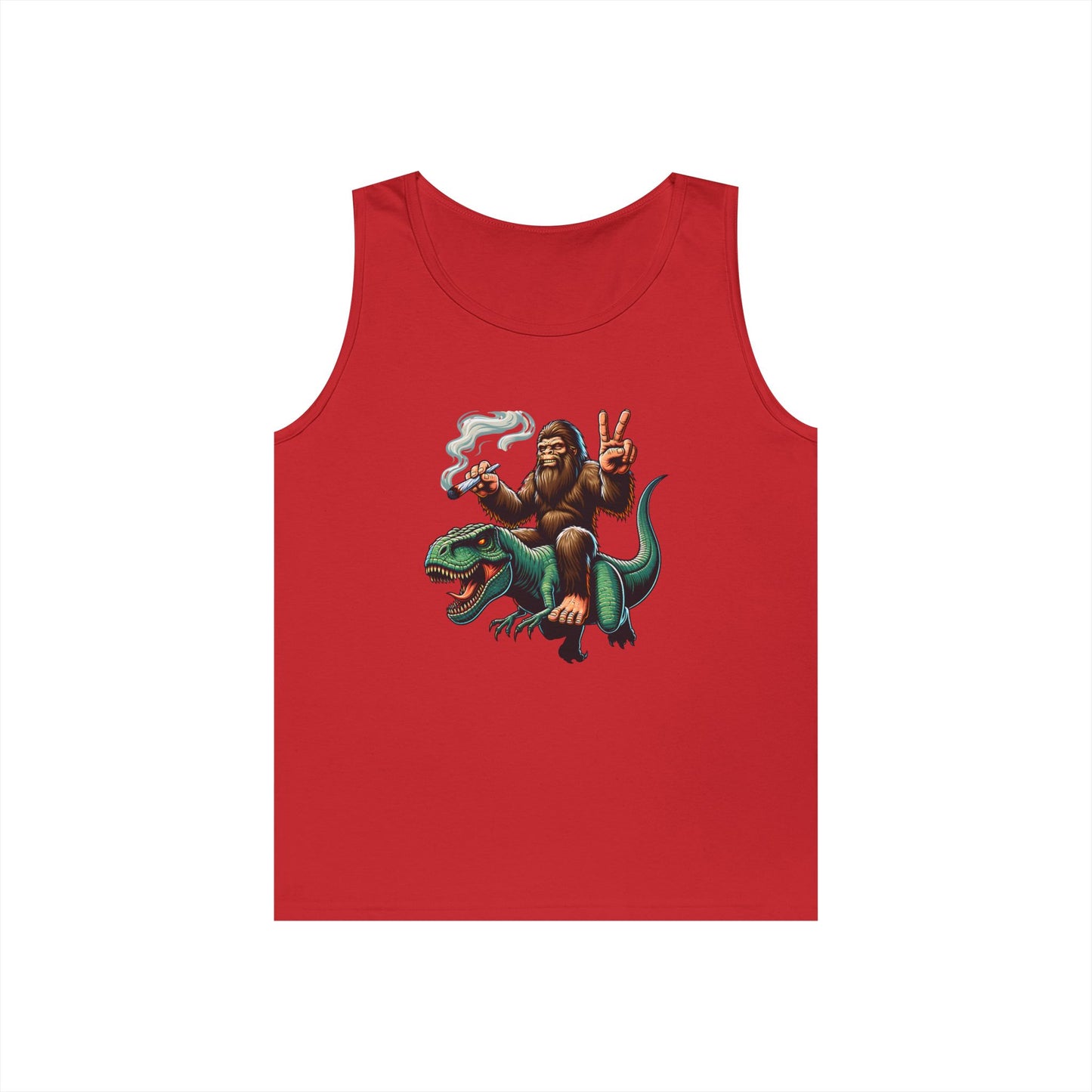 Bigfoot Riding T Rex Tank Top - 420 Peace Sign Design