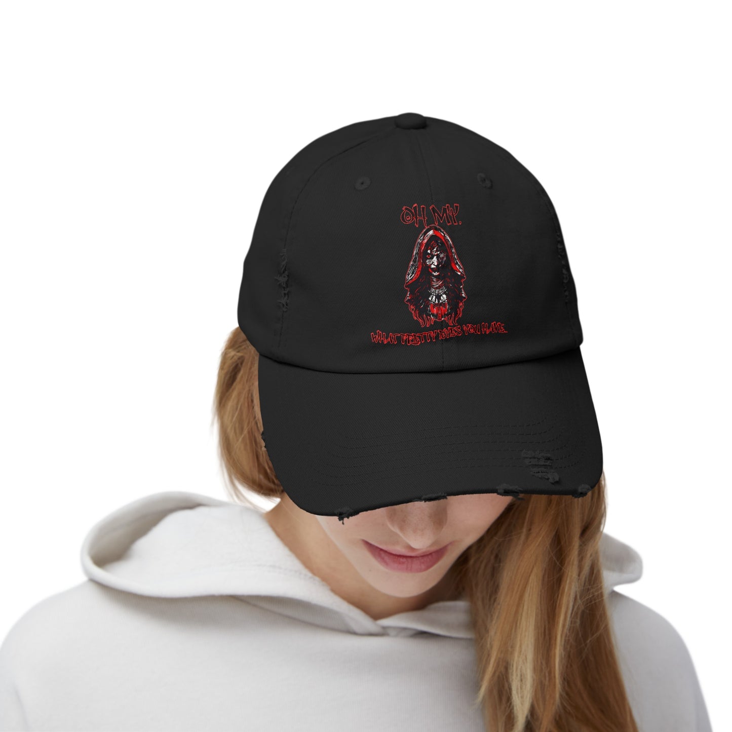 Creepy Little Red Riding Hood Inspired Scary Witch Oh My, What Pretty Eyes You Have Horror Hat Unisex Distressed Cap