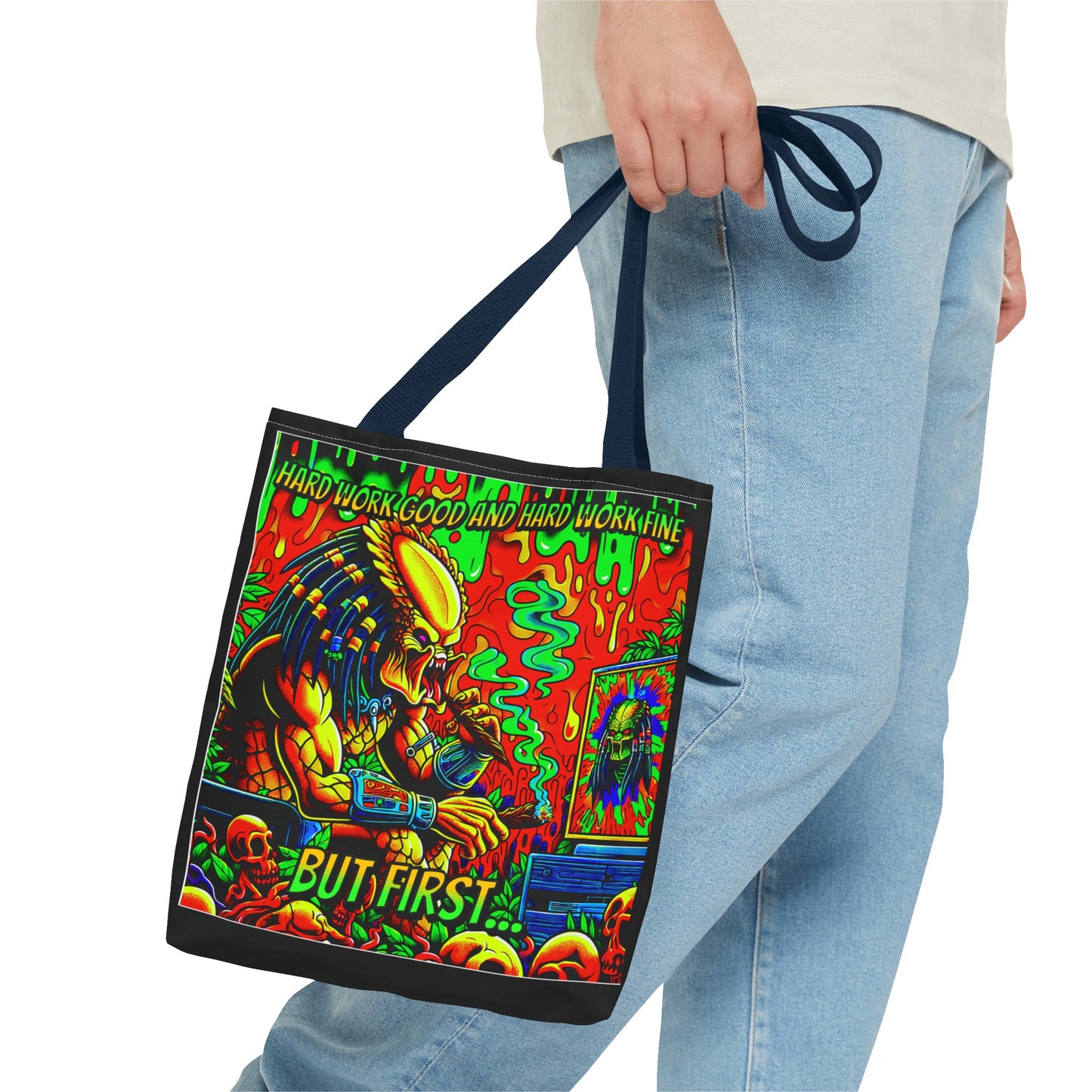 Horradelic Hard Work Good Hard Work Fine Predator Blunt Smoking Horror Fun Travel Carry Tote Bag (AOP)