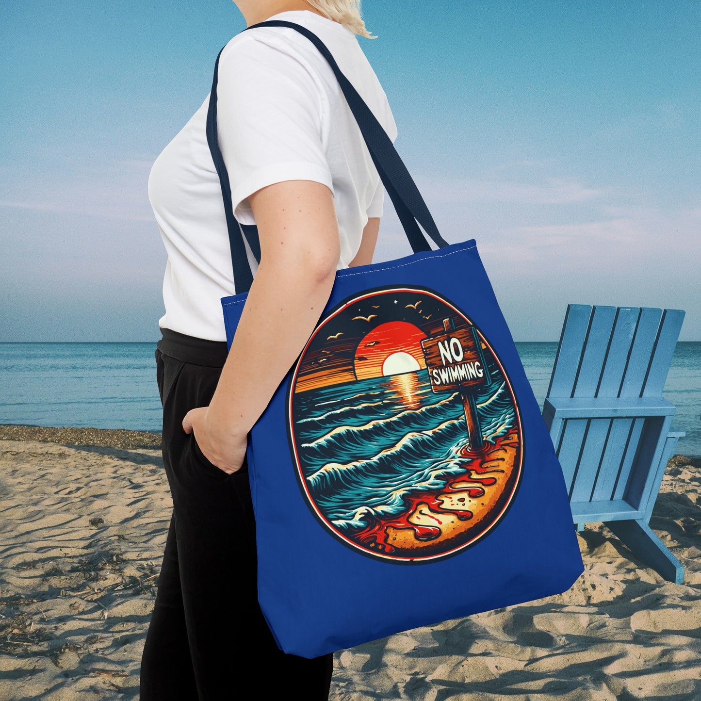 No Swimming Bloody Beach Tote Bag (AOP) Horror Fun Travel Swimming Vacation