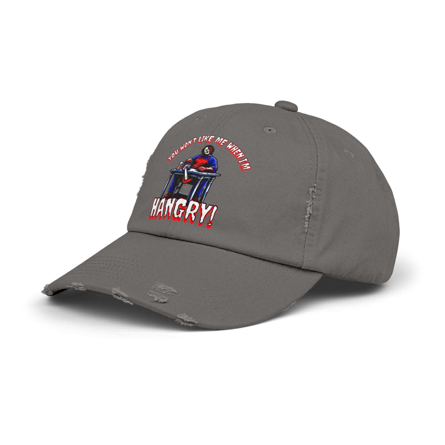 You Won't Like Me When I'm Hangry Leather Chainsaw Guy Cannibal Horror Fun Hat Unisex Distressed Cap