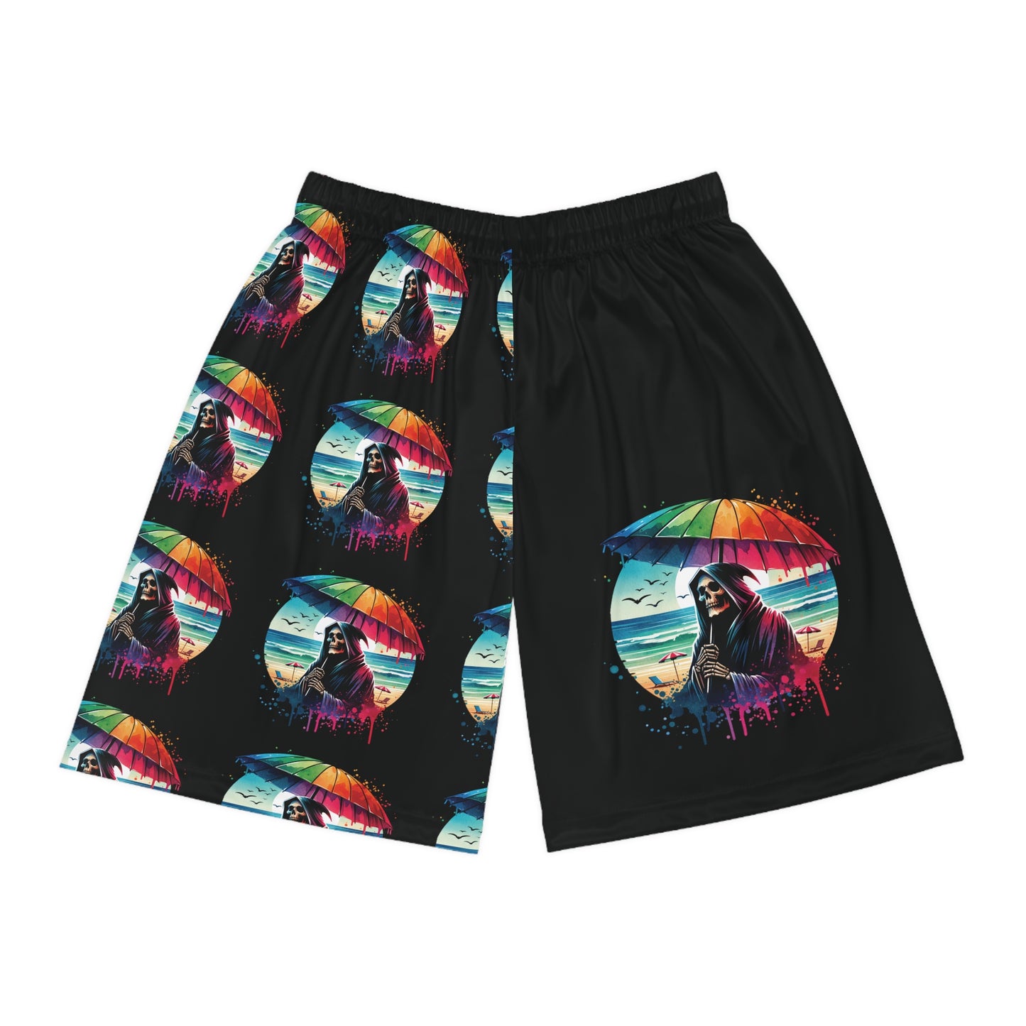 Summerween Grim Reaper Beach Day Basketball Shorts (AOP)