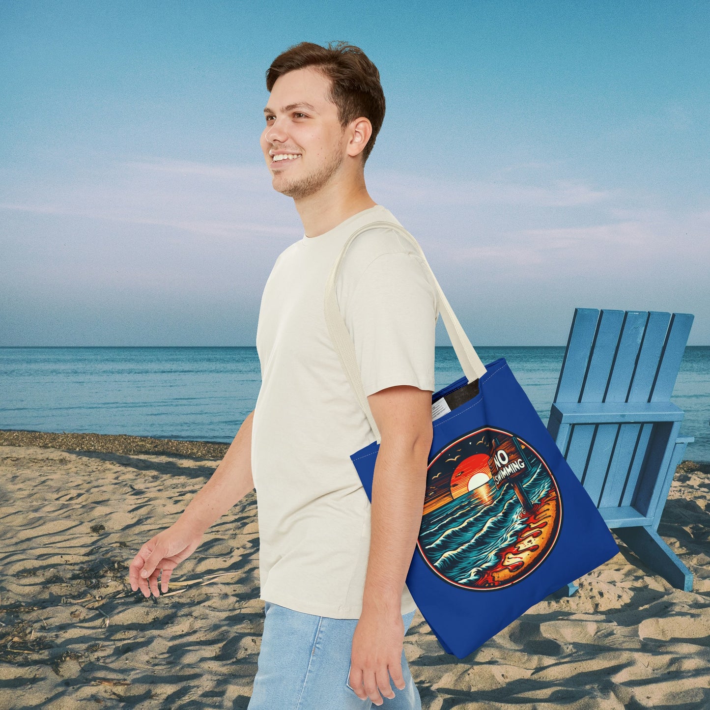 No Swimming Bloody Beach Tote Bag (AOP) Horror Fun Travel Swimming Vacation