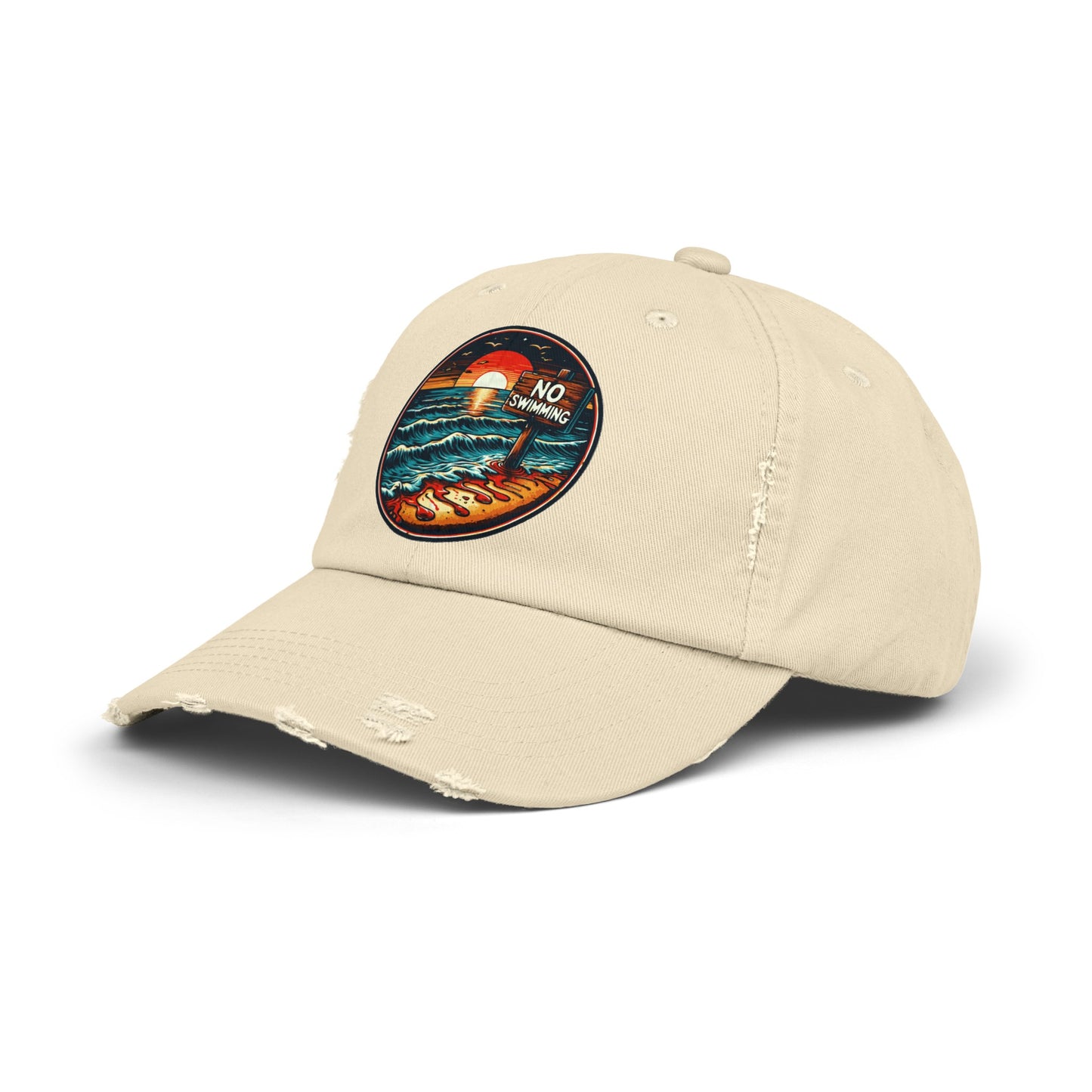 No Swimming Bloody Beach Unisex Distressed Cap Horror Fun Hat Dark Humor