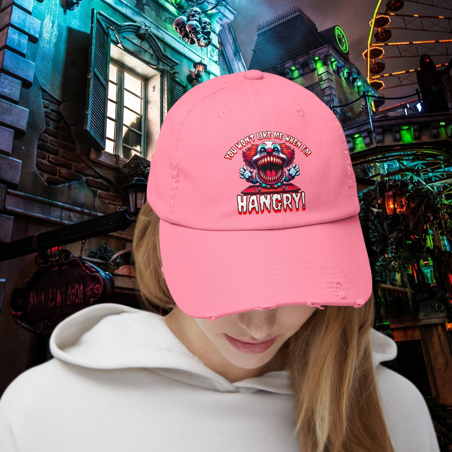 You Wont Like Me When I'm Hangry Killer Clown Unisex Distressed Cap Horror Hat