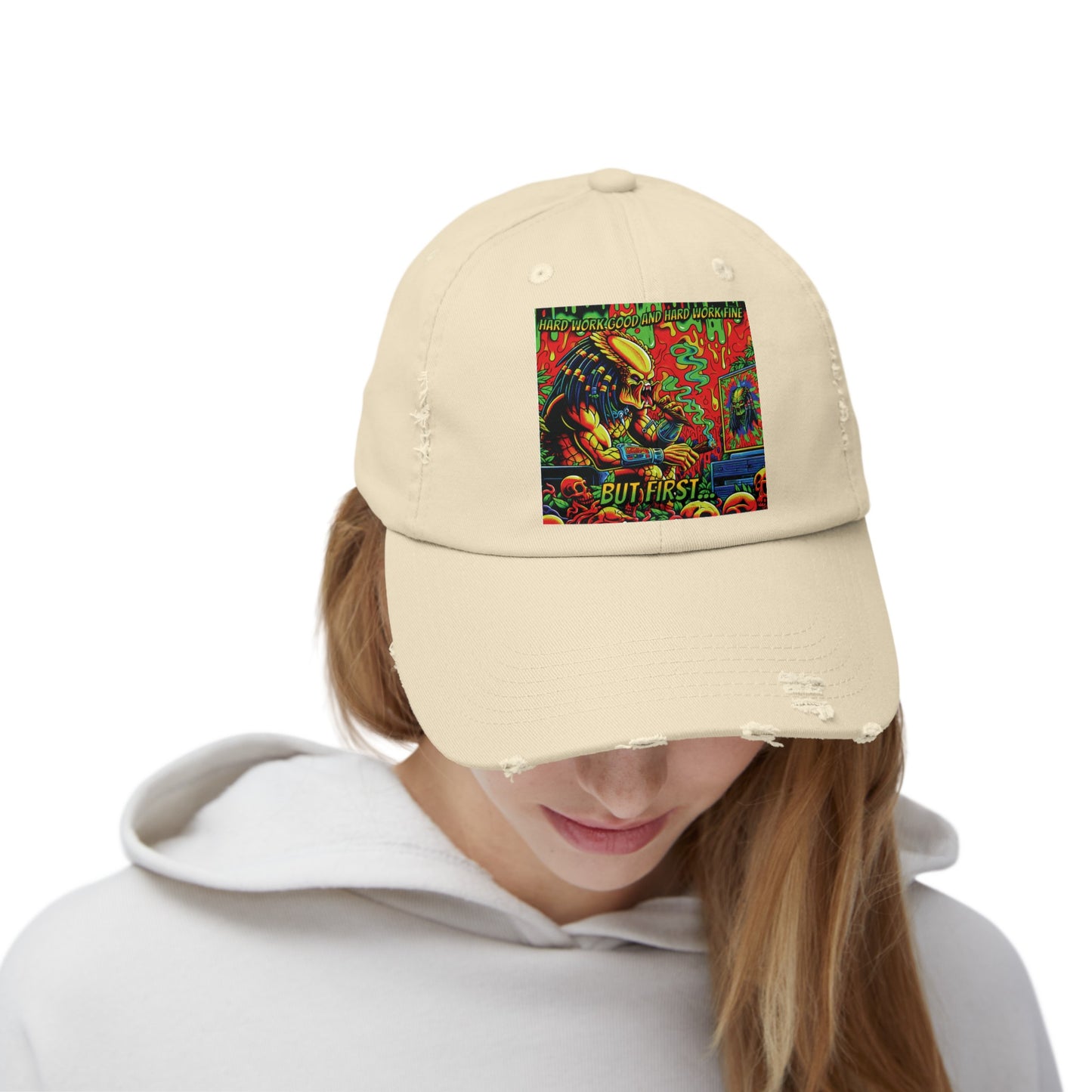 Horradelic Hard Work Good Hard Work Fine Predator Blunt Horror Fun Unisex Distressed Baseball Cap Hat