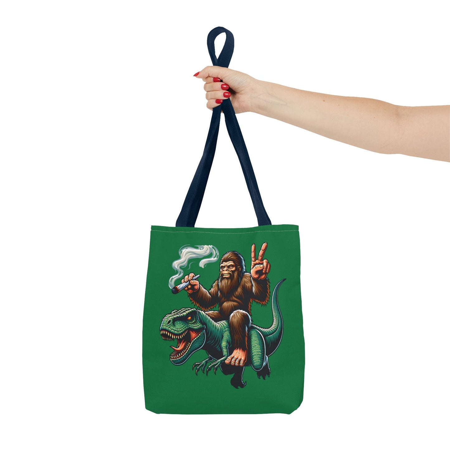 Tote Bag - Bigfoot Riding a T Rex Peace Sign 420 Design