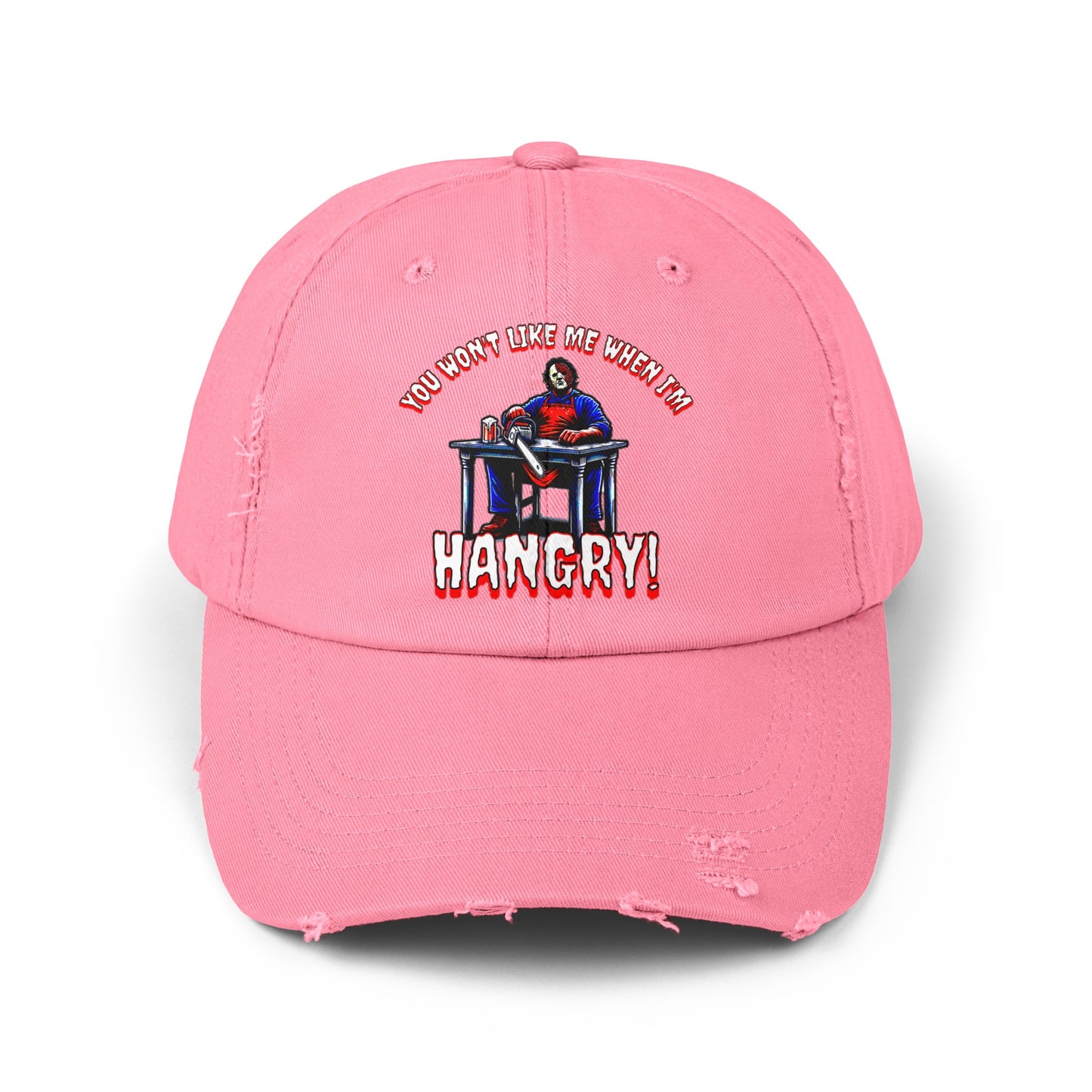 You Won't Like Me When I'm Hangry Leather Chainsaw Guy Cannibal Horror Fun Hat Unisex Distressed Cap