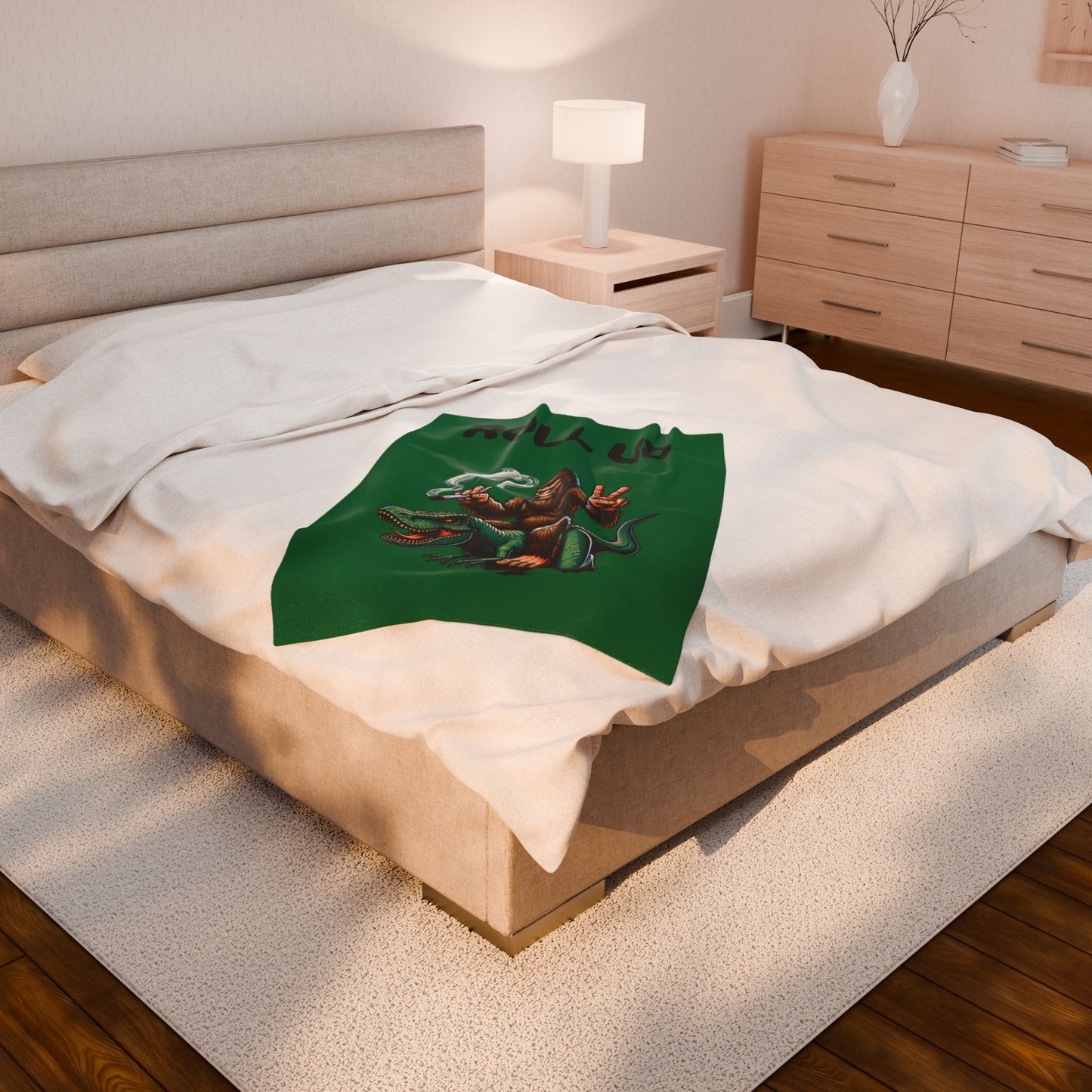Blanket - Bigfoot Riding T Rex Smoking Joint Peace Sign Design