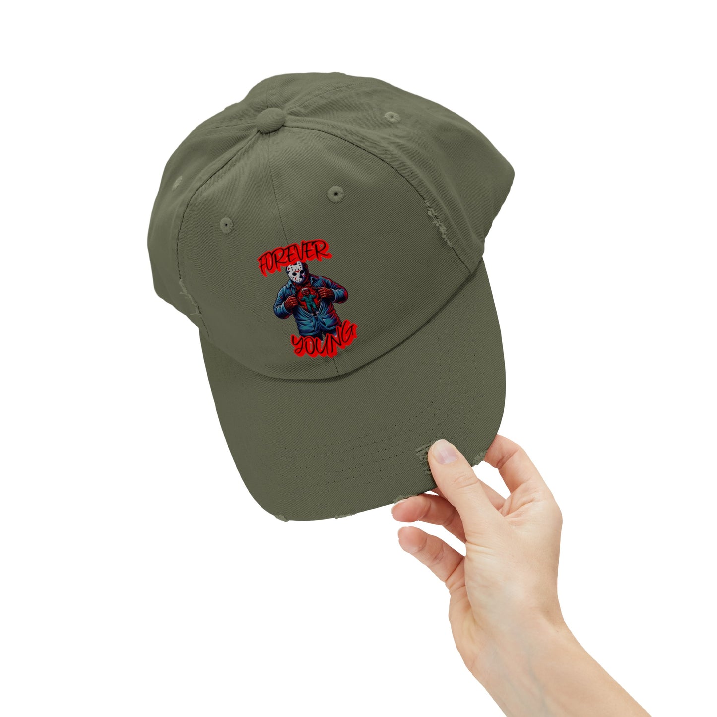 Forever Young Jason With The Mask On Voorhees Friday Horror Fun Unisex Distressed Cap Baseball Hat