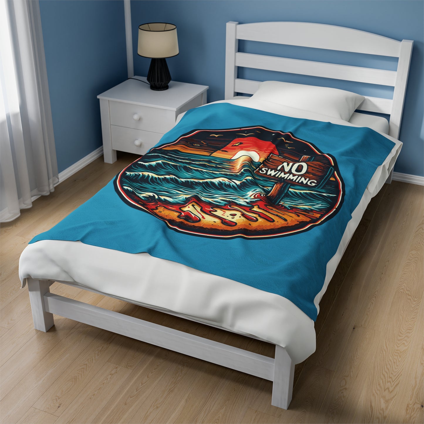 No Swimming Bloody Beach Horror Fun Velveteen Plush Throw Blanket Scary Ocean Shark Jaws