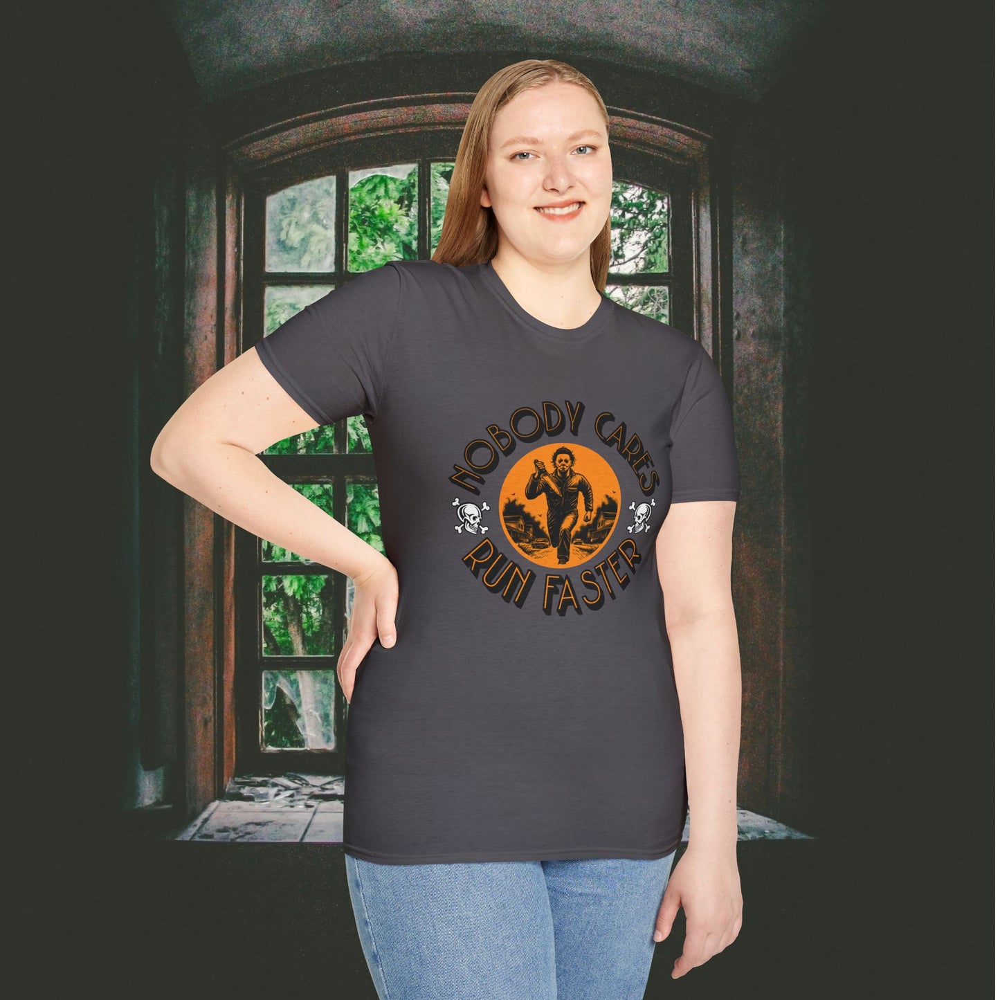 Nobody Cares Run Faster - Michael Running Myers on Halloween Horror Fun with Skulls Shirt - Unisex Softstyle T-Shirt