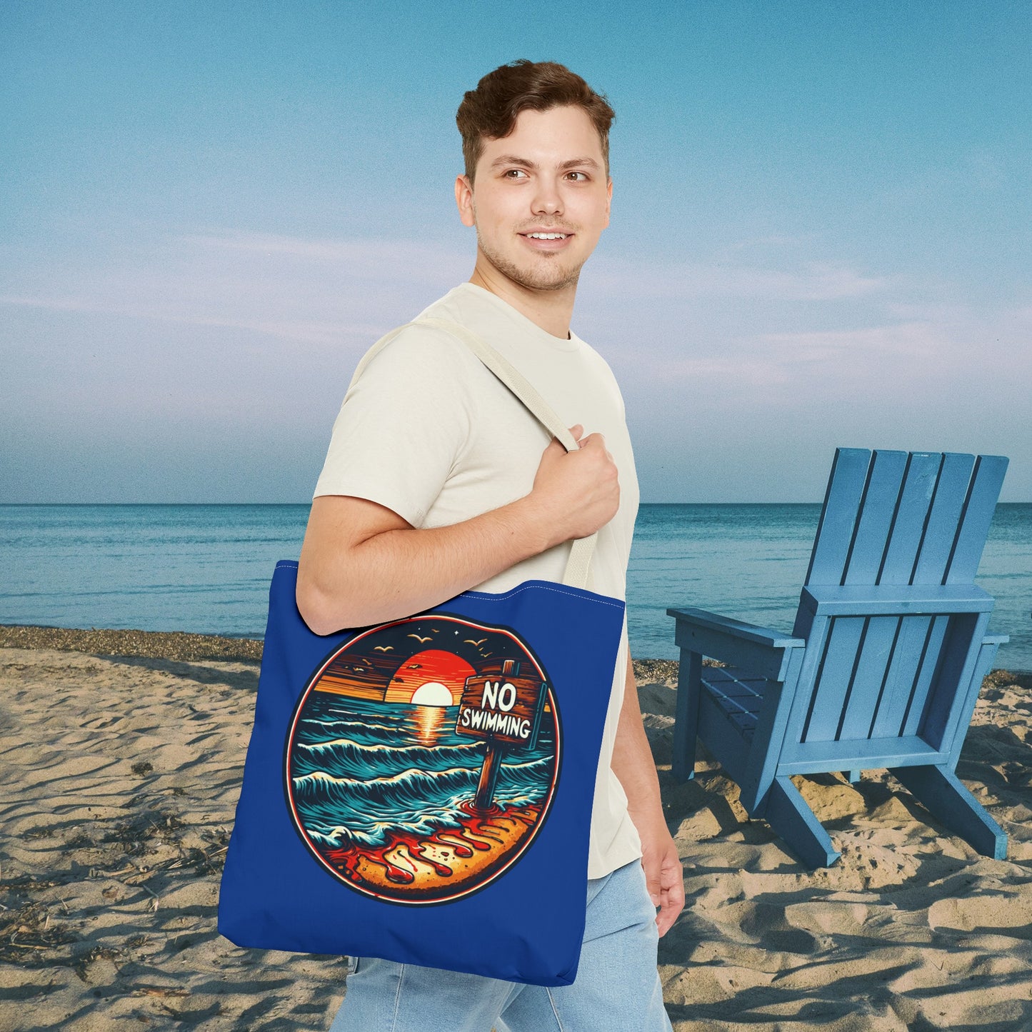No Swimming Bloody Beach Tote Bag (AOP) Horror Fun Travel Swimming Vacation