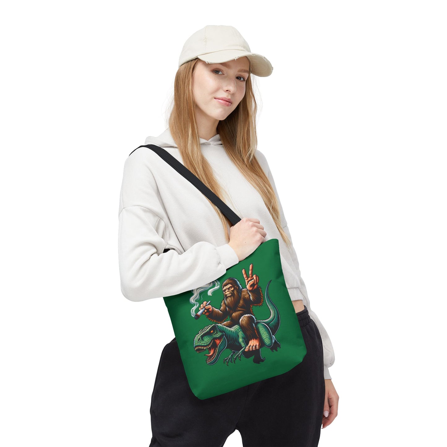 Tote Bag - Bigfoot Riding a T Rex Peace Sign 420 Design