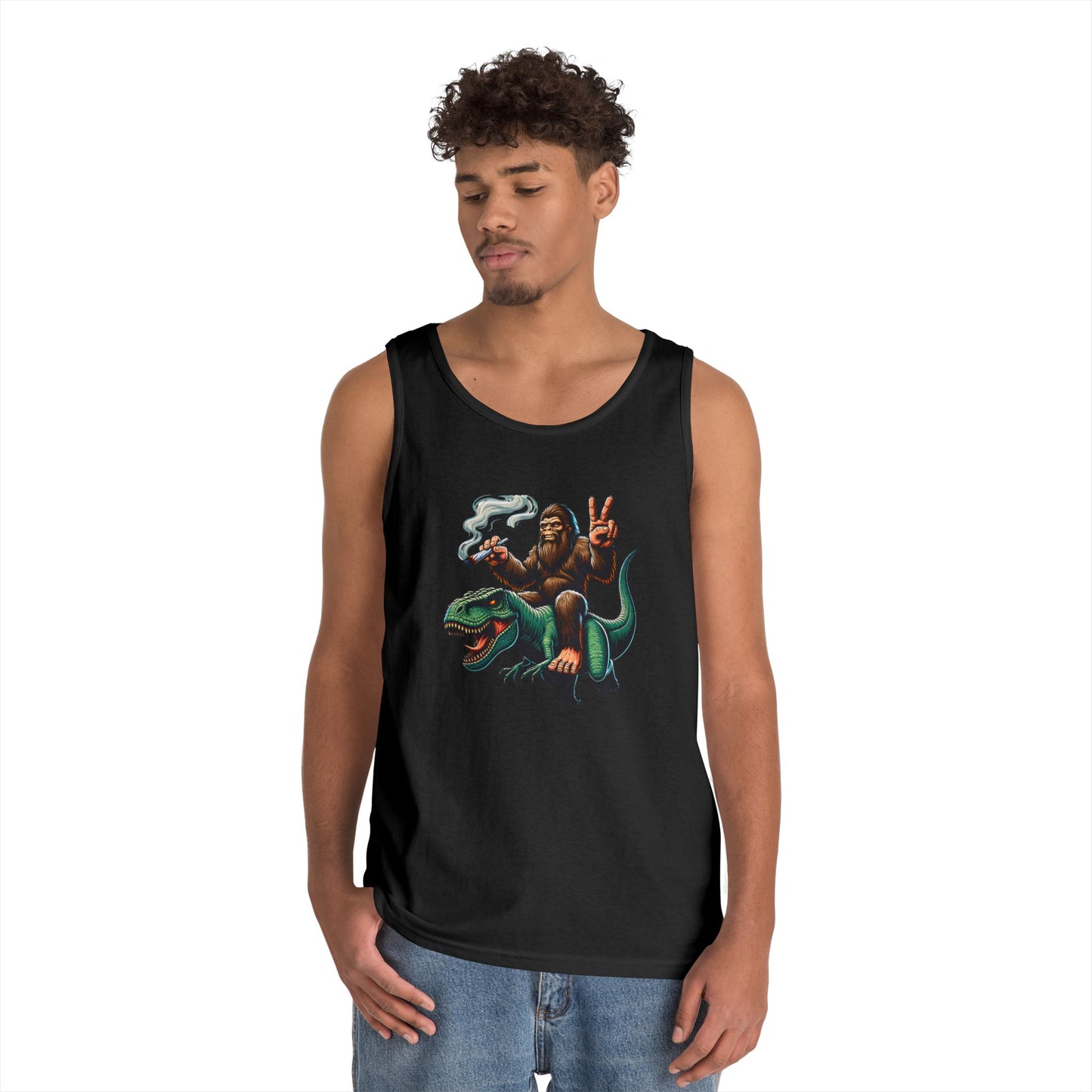 Bigfoot Riding T Rex Tank Top - 420 Peace Sign Design