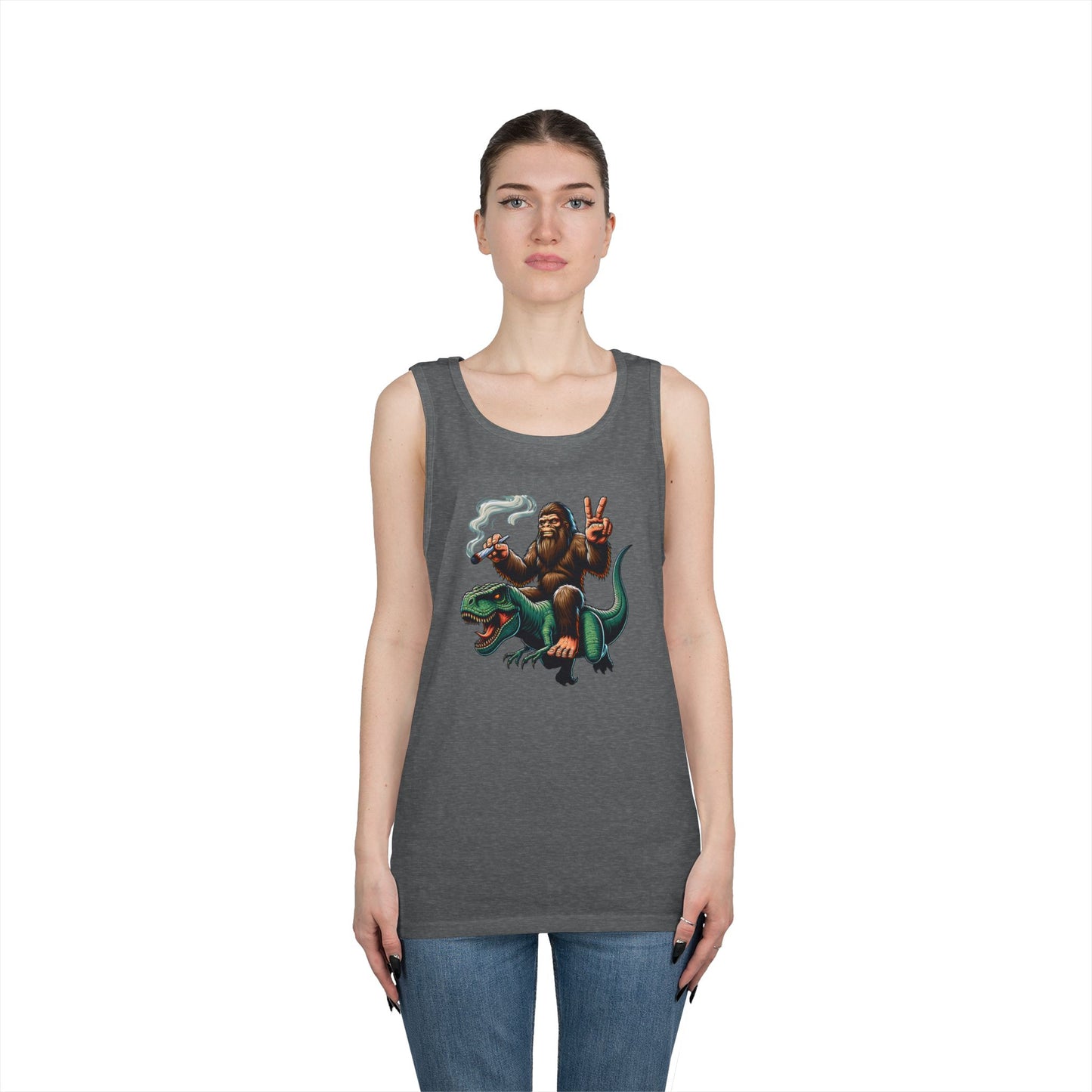 Bigfoot Riding T Rex Tank Top - 420 Peace Sign Design