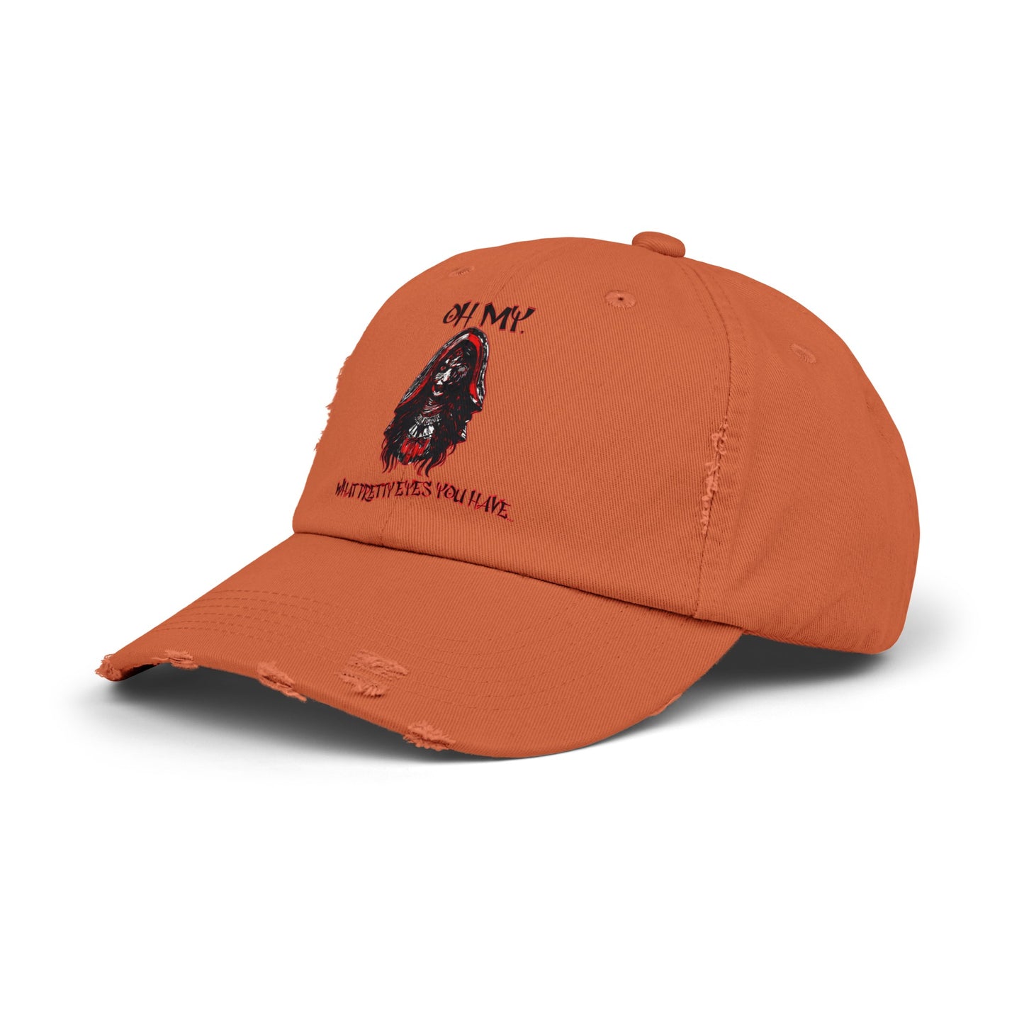 Creepy Little Red Riding Hood Inspired Scary Witch Oh My, What Pretty Eyes You Have Horror Hat Unisex Distressed Cap