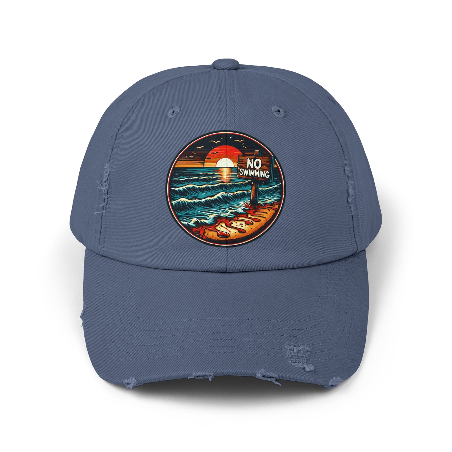 No Swimming Bloody Beach Unisex Distressed Cap Horror Fun Hat Dark Humor