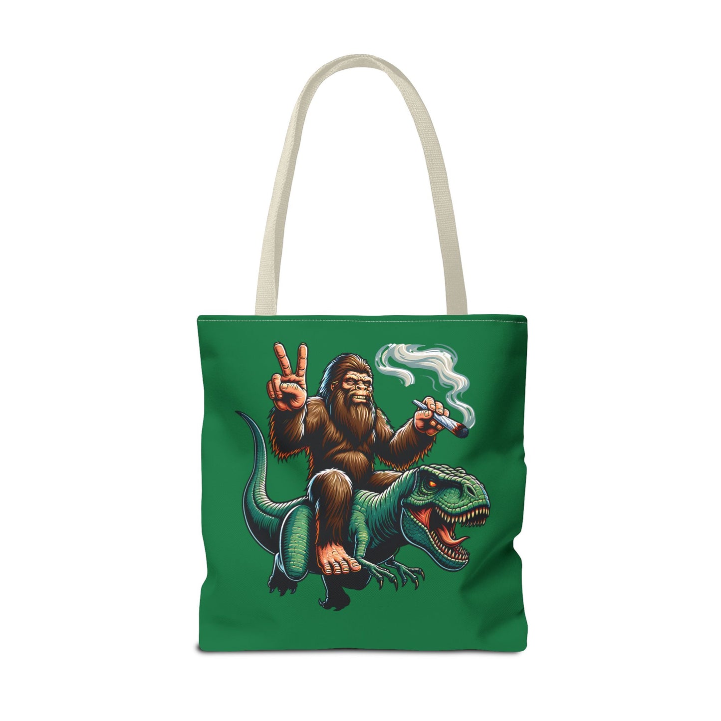 Tote Bag - Bigfoot Riding a T Rex Peace Sign 420 Design
