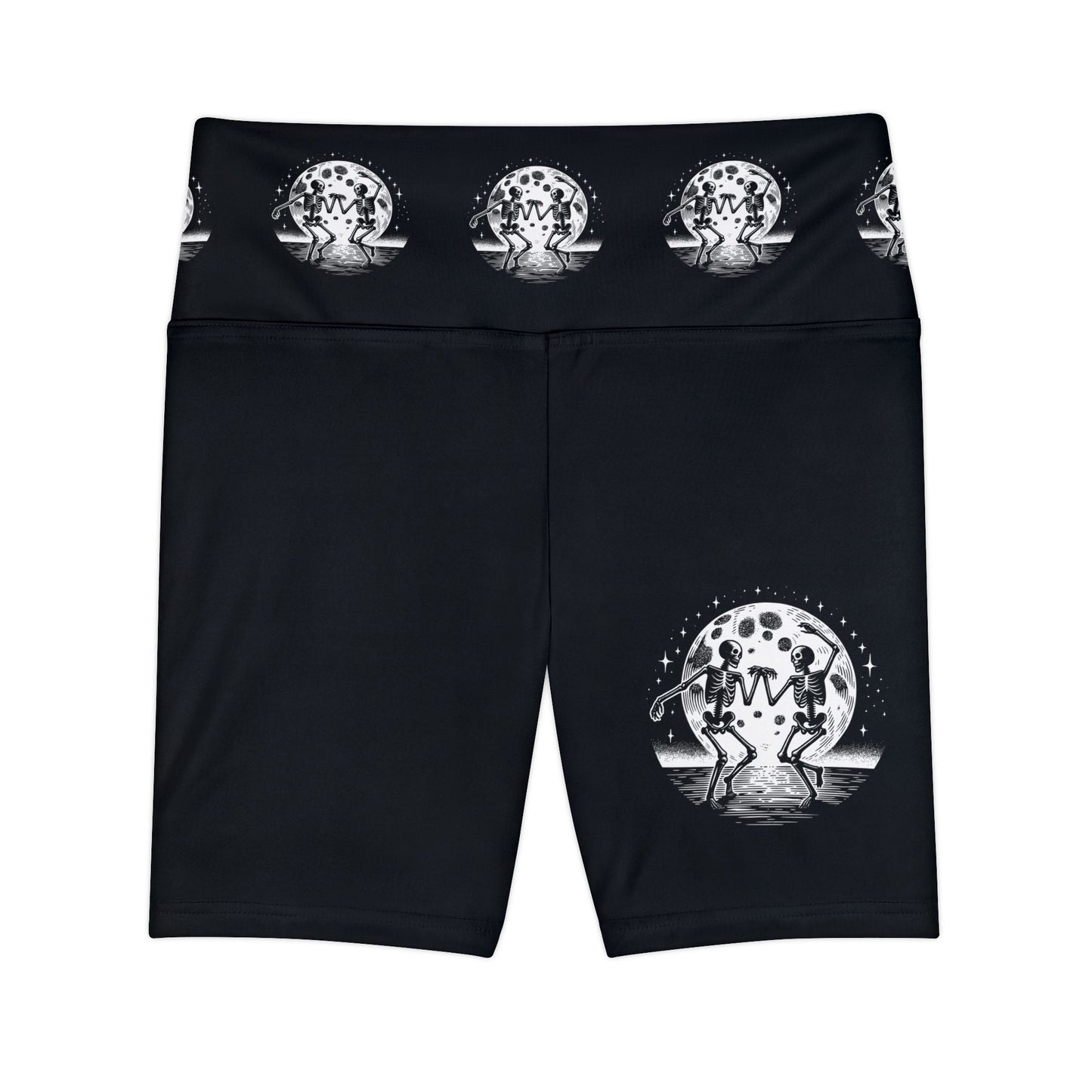 Gothic Party Women's Shorts with Skeletons Dancing under a Full Moon