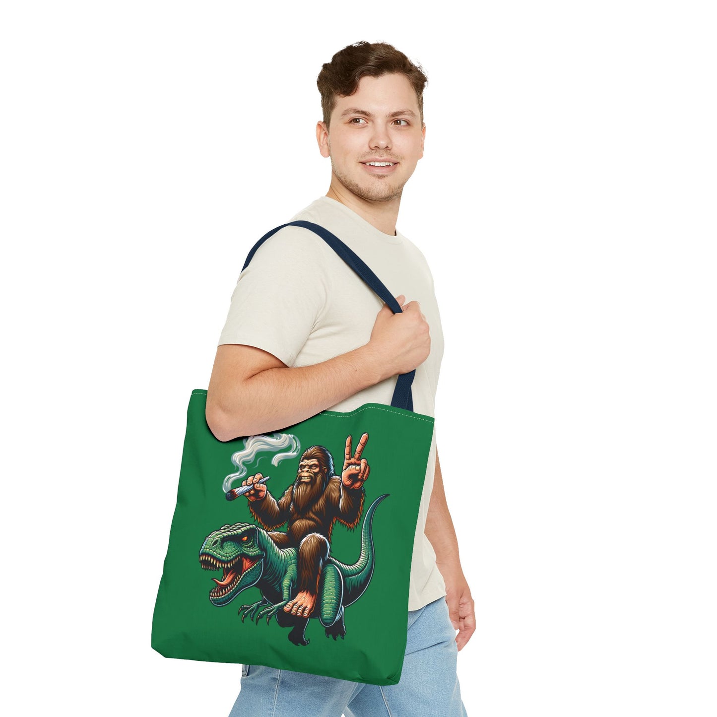 Tote Bag - Bigfoot Riding a T Rex Peace Sign 420 Design
