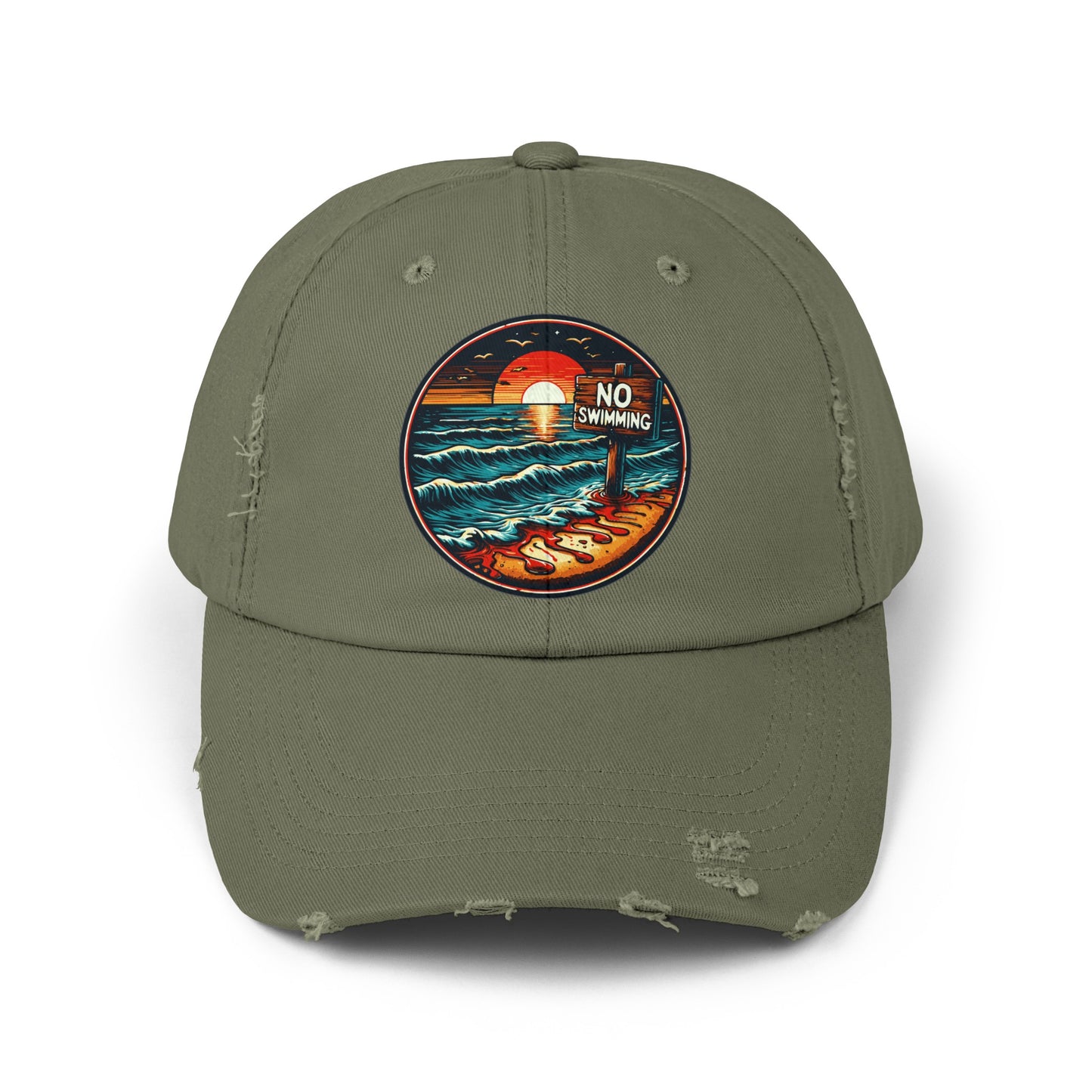 No Swimming Bloody Beach Unisex Distressed Cap Horror Fun Hat Dark Humor