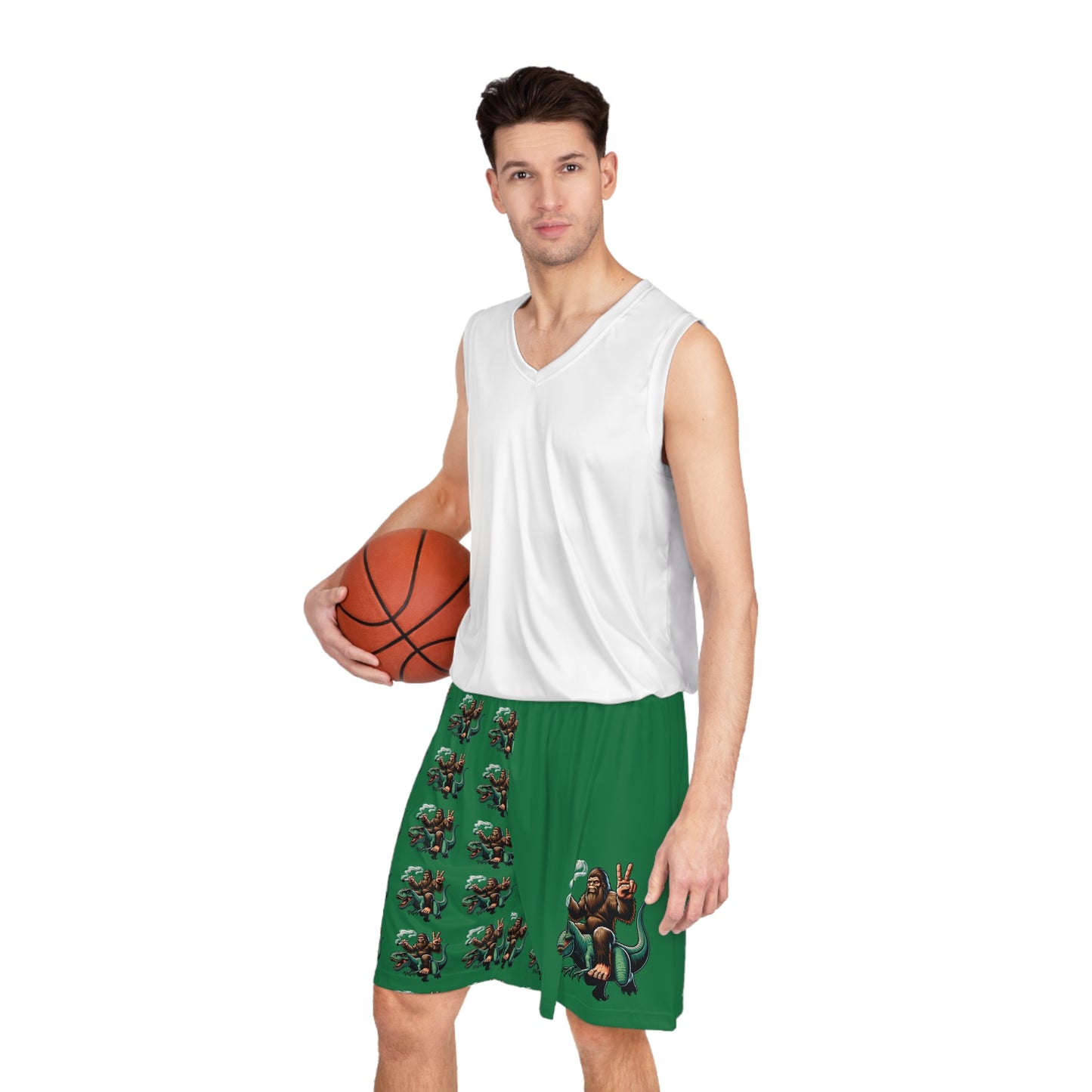 420 Bigfoot Riding T Rex Basketball Shorts