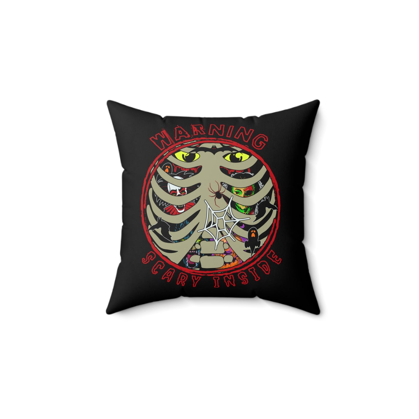 Warning, Scary Inside Livingroom Bedroom Spun Polyester Square Pillow Horror Fun Halloween
