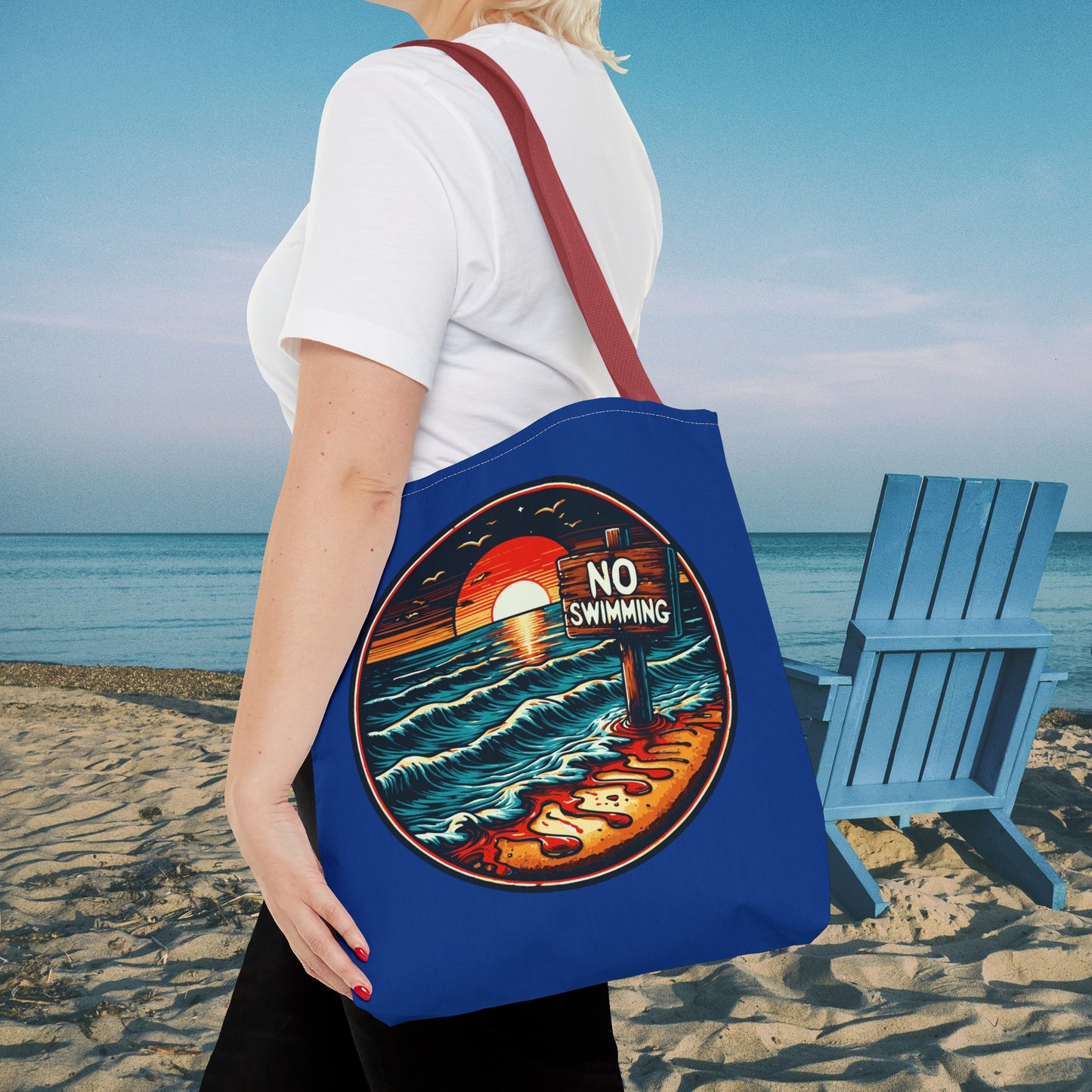 No Swimming Bloody Beach Tote Bag (AOP) Horror Fun Travel Swimming Vacation