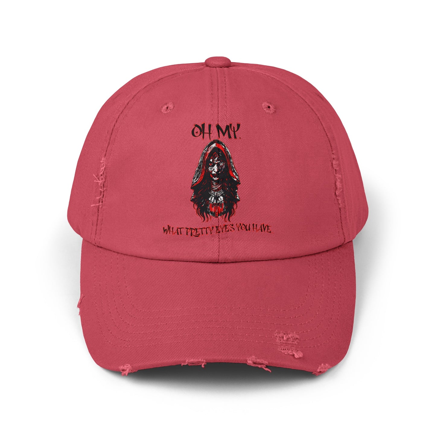 Creepy Little Red Riding Hood Inspired Scary Witch Oh My, What Pretty Eyes You Have Horror Hat Unisex Distressed Cap