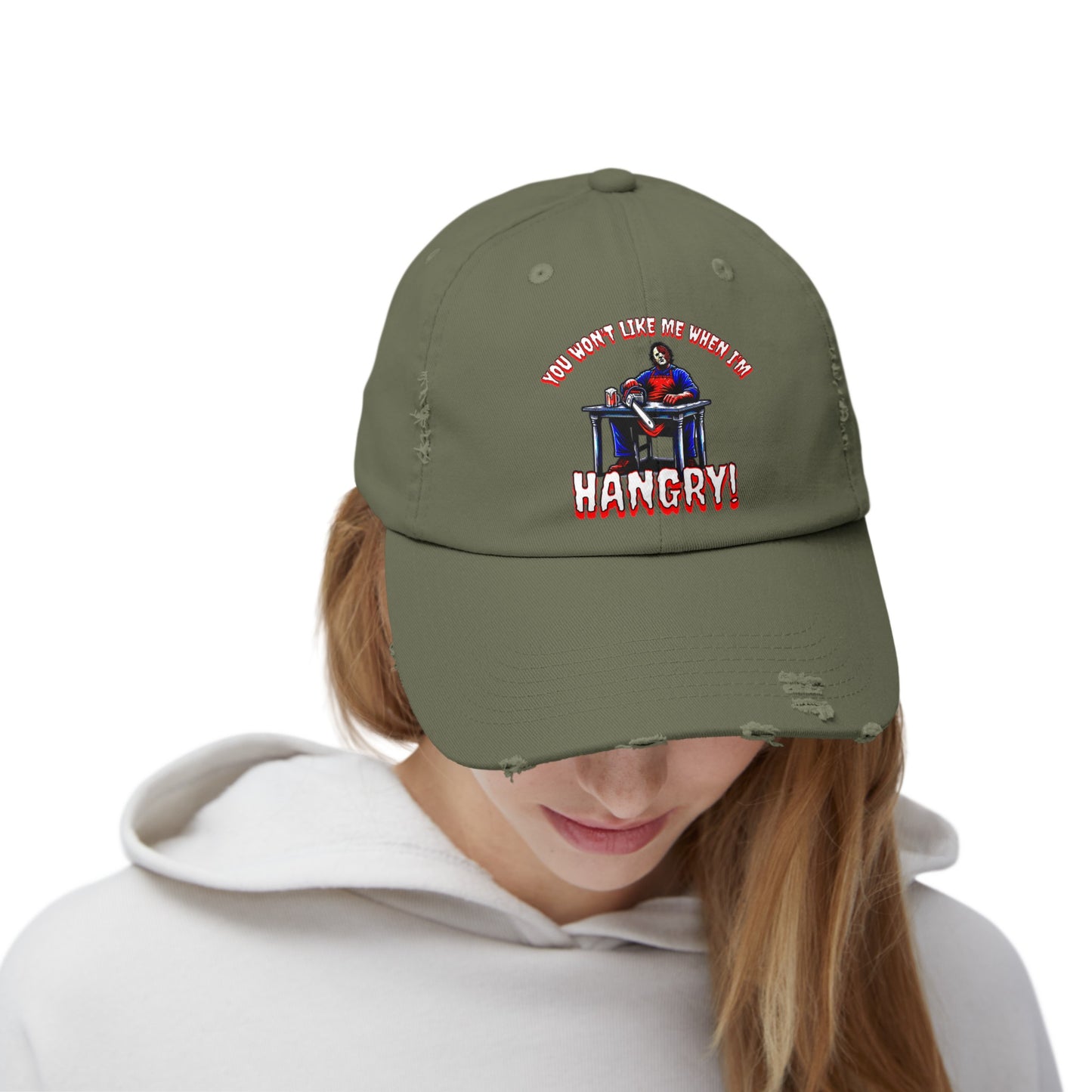 You Won't Like Me When I'm Hangry Leather Chainsaw Guy Cannibal Horror Fun Hat Unisex Distressed Cap
