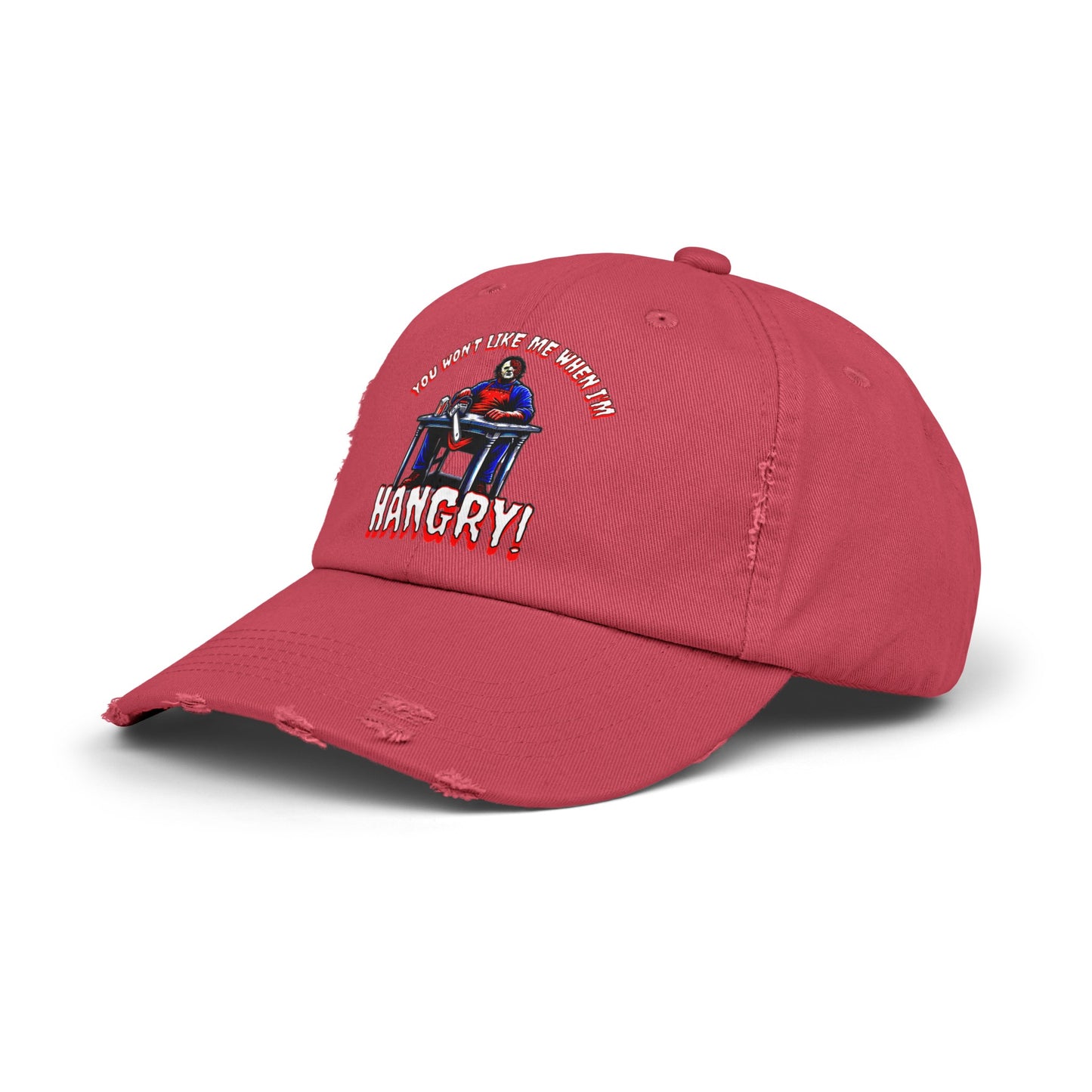 You Won't Like Me When I'm Hangry Leather Chainsaw Guy Cannibal Horror Fun Hat Unisex Distressed Cap