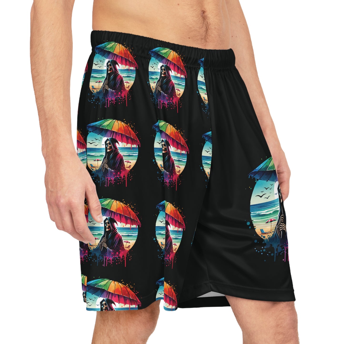 Summerween Grim Reaper Beach Day Basketball Shorts (AOP)
