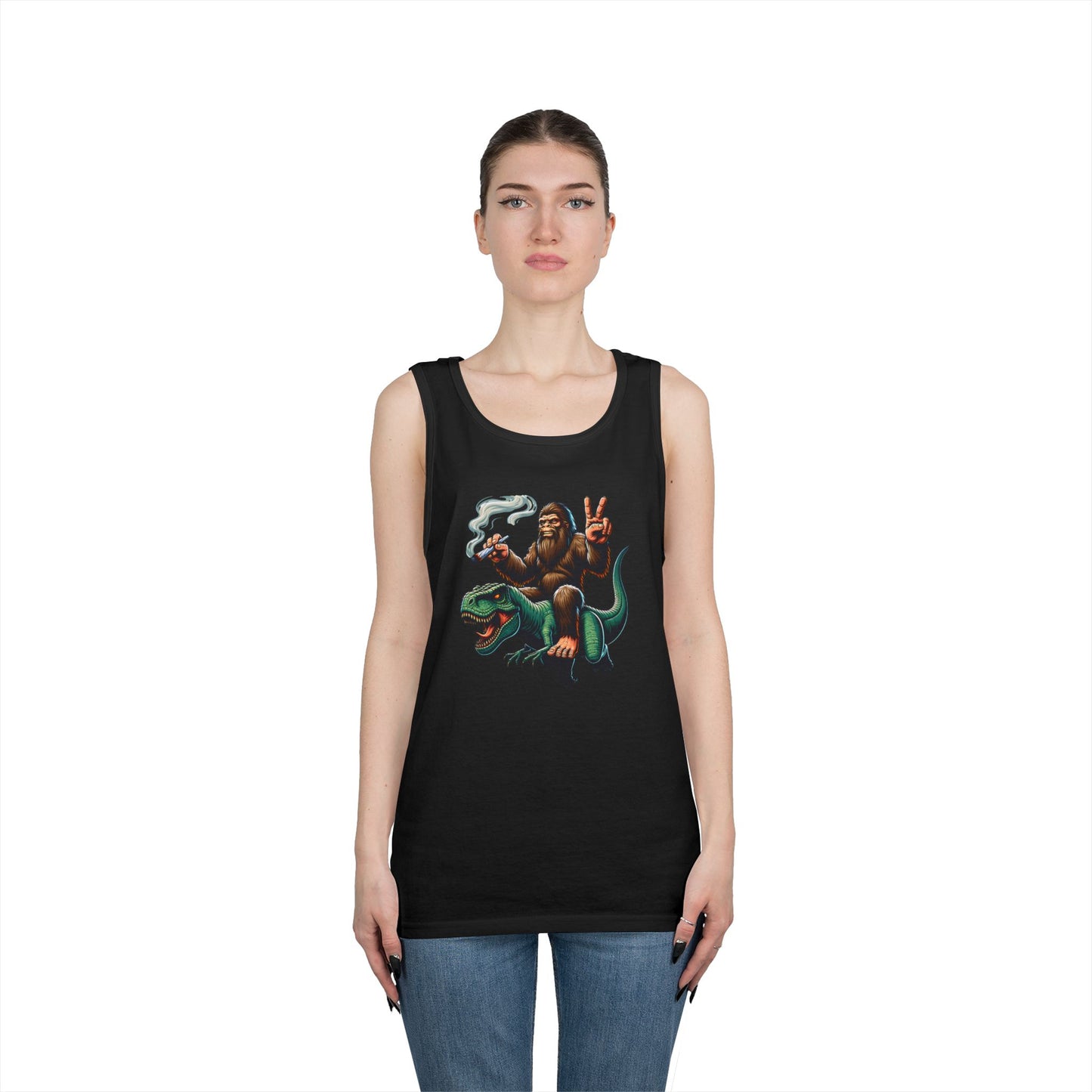 Bigfoot Riding T Rex Tank Top - 420 Peace Sign Design