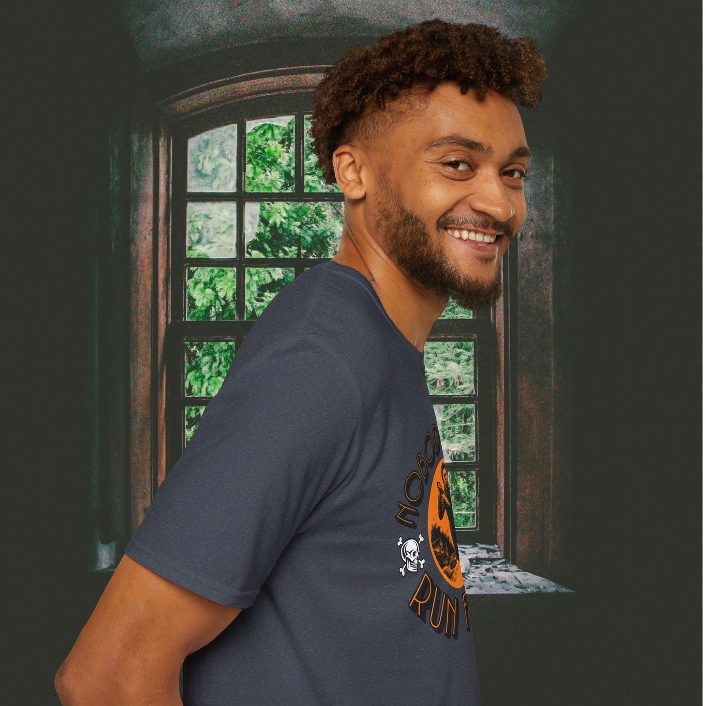 Nobody Cares Run Faster - Michael Running Myers on Halloween Horror Fun with Skulls Shirt - Unisex Softstyle T-Shirt