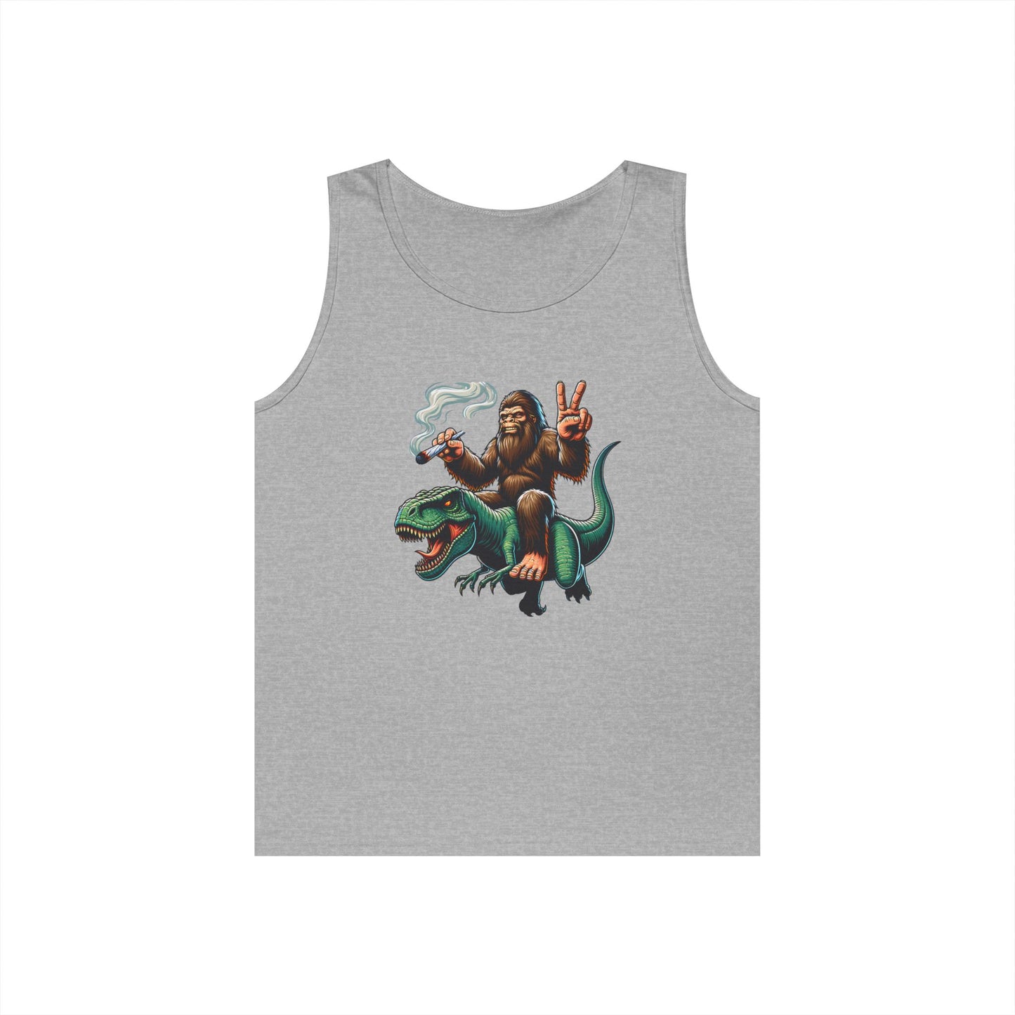 Bigfoot Riding T Rex Tank Top - 420 Peace Sign Design